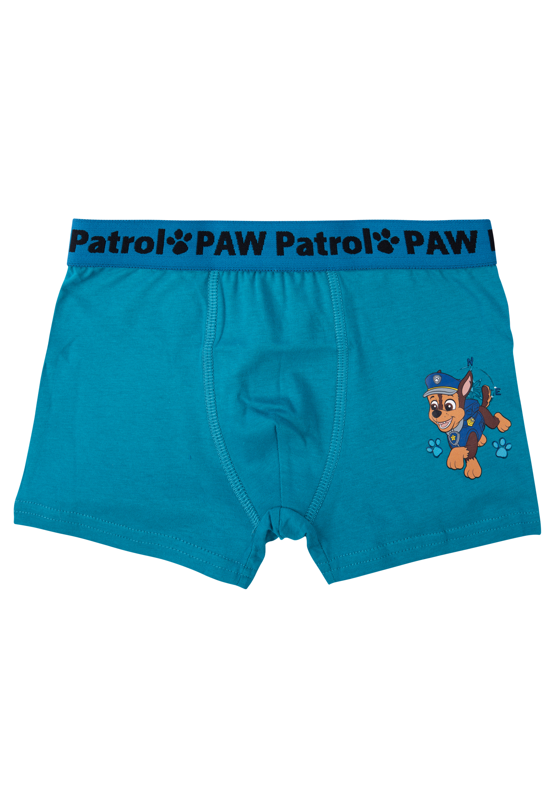 Blaue Boxershorts mit Paw Patrol Logo und Cartoon-Hund.
