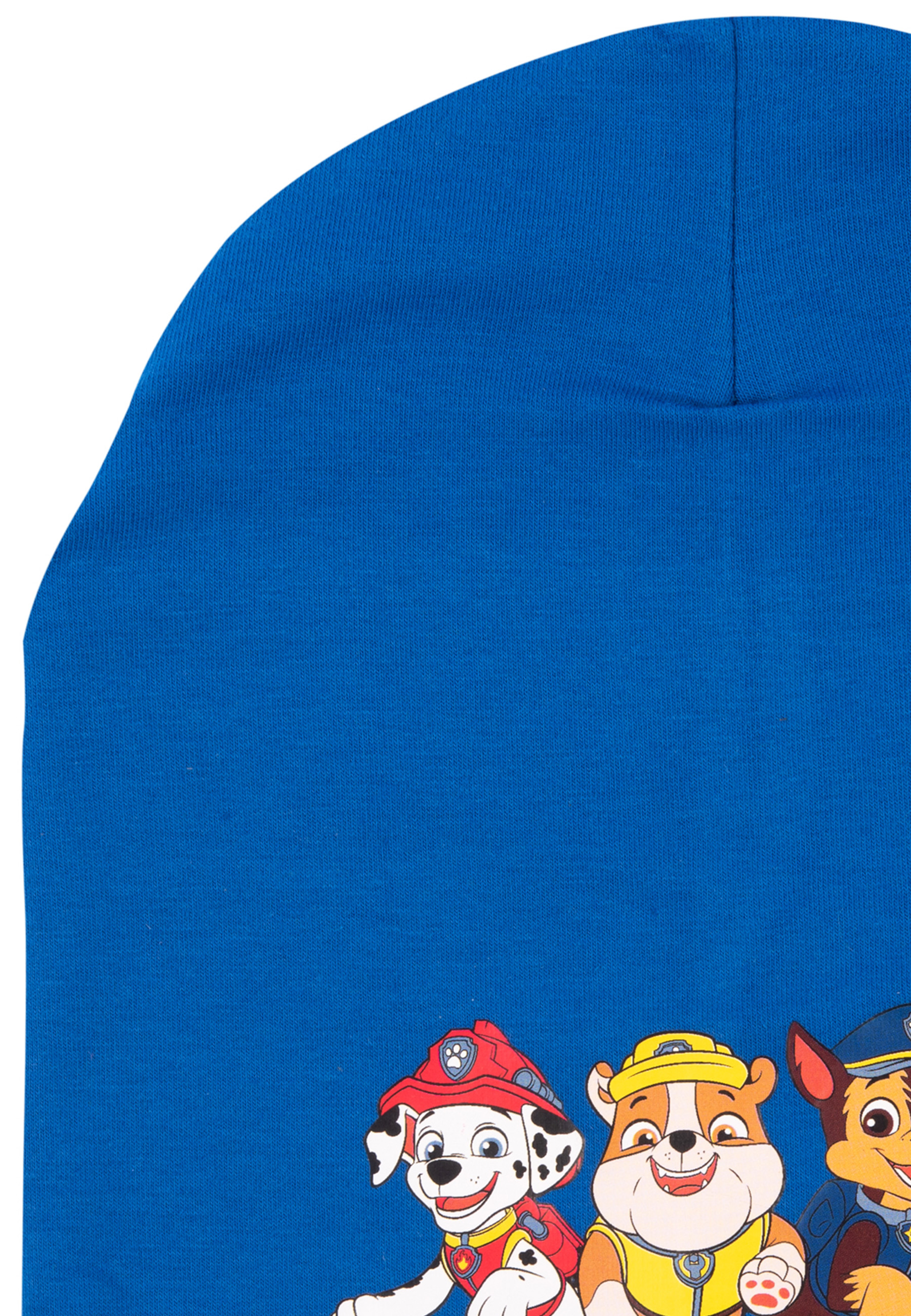 Blaue Mütze mit Paw Patrol Charakteren im unteren Bereich.