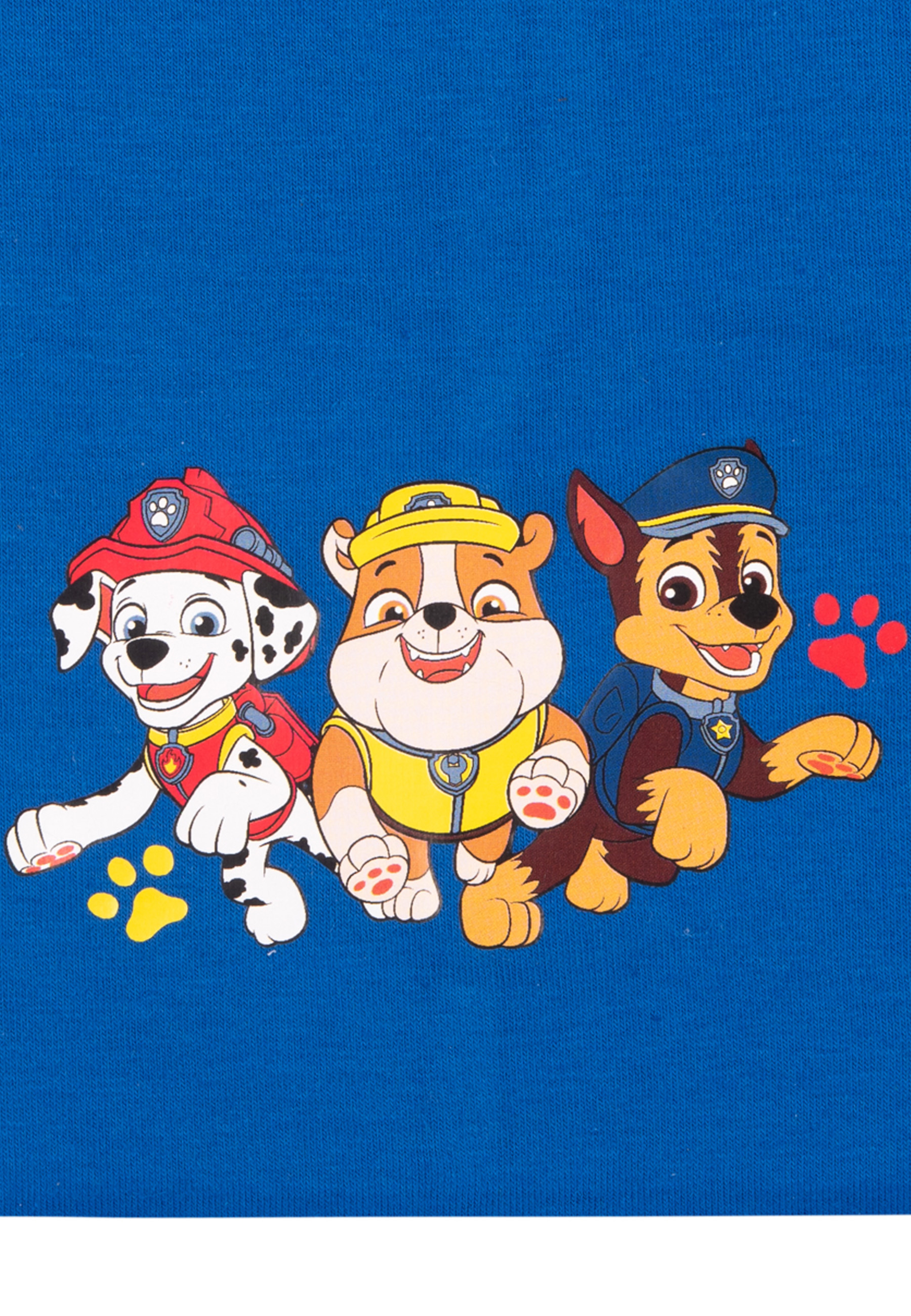 Blaues T-Shirt mit Paw Patrol-Charakteren: Marshall, Rubble und Chase mit Pfotenabdrücken.