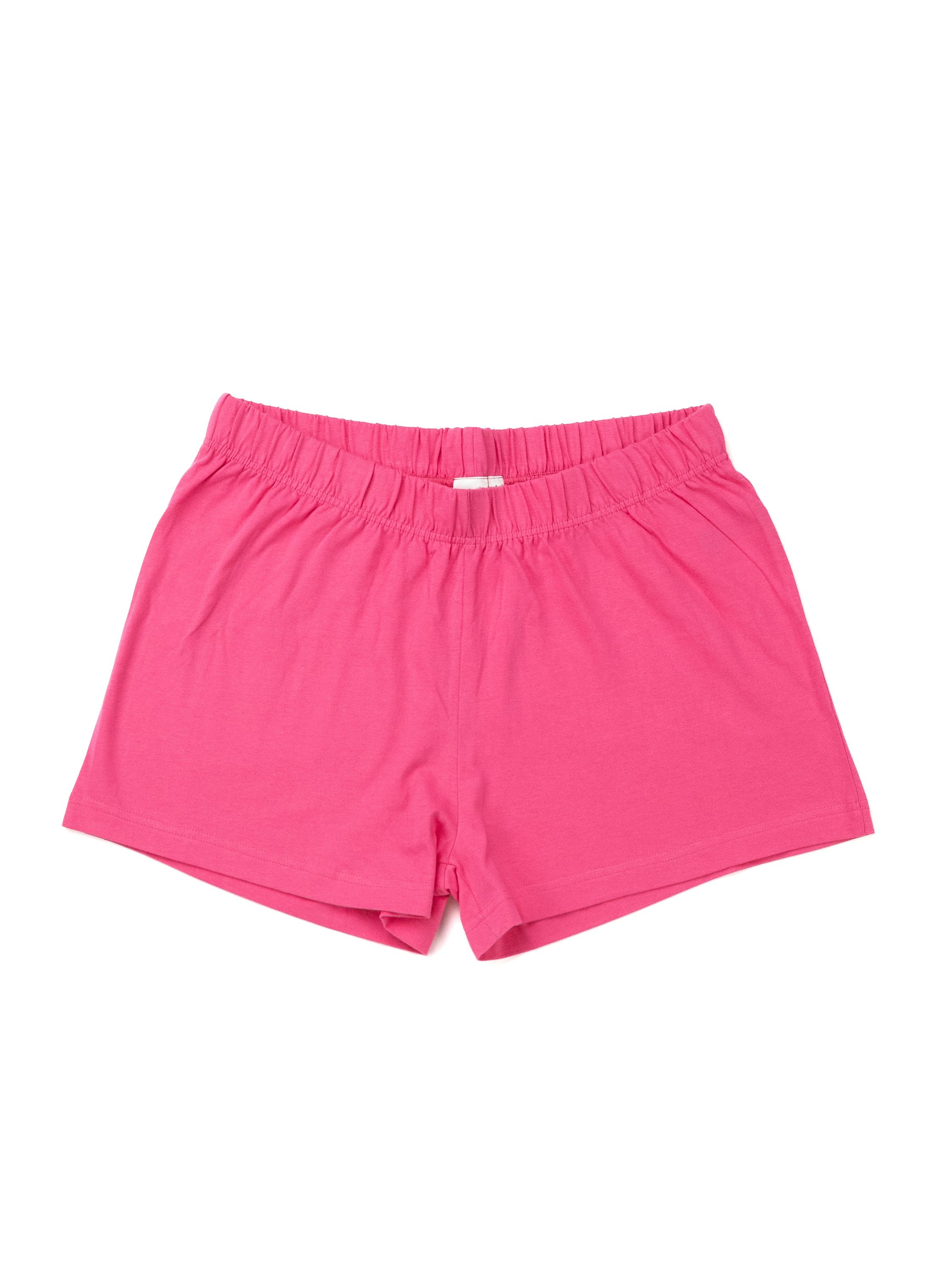 Pinkfarbene Shorts mit Gummibund auf weißem Hintergrund.