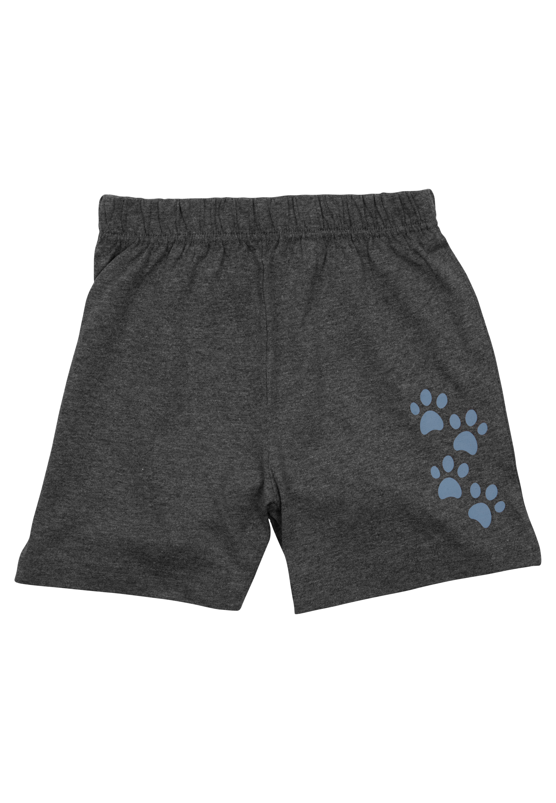 Graue Shorts mit blauen Pfotenabdrücken an der Seite.
