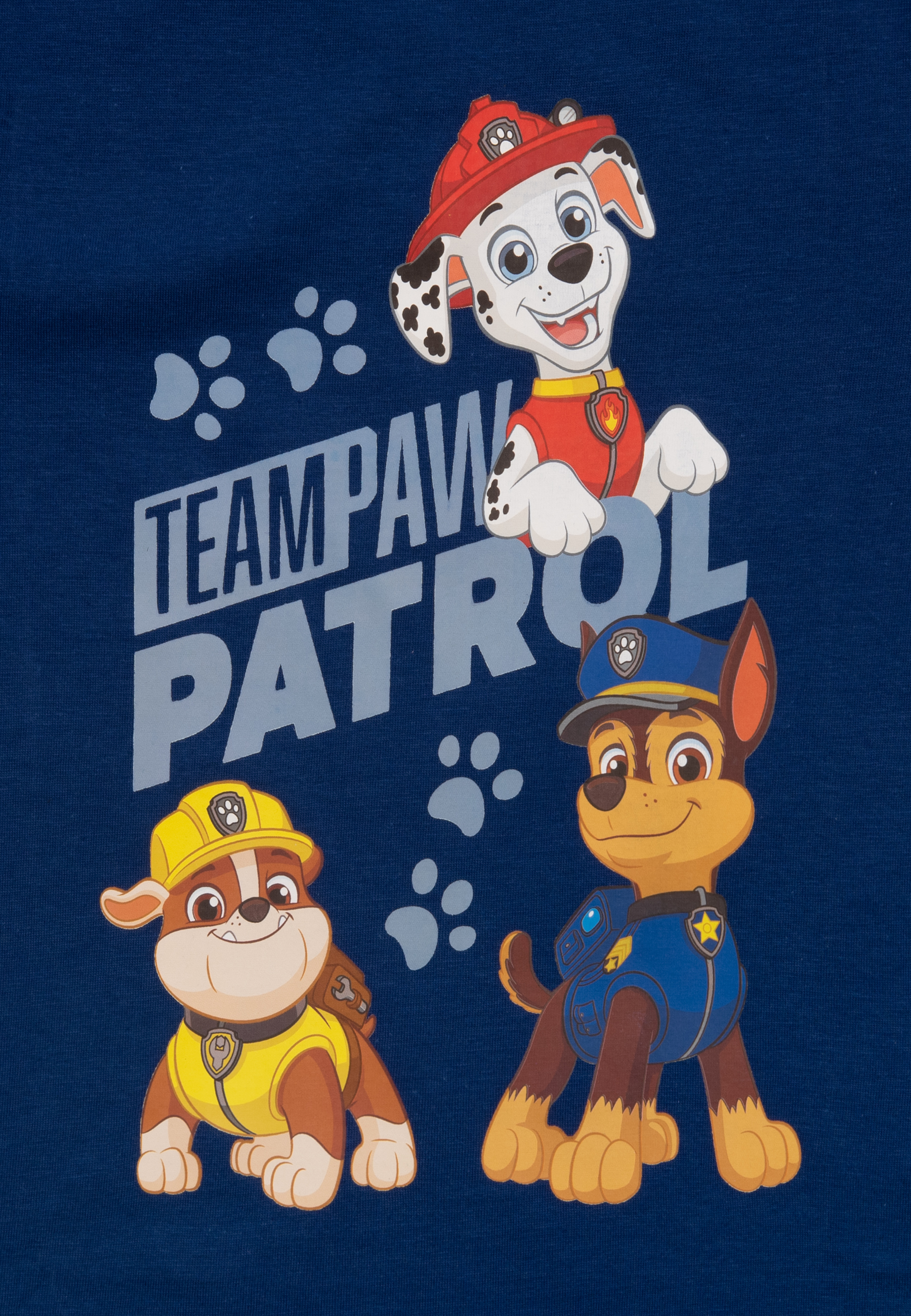 Ein marineblaues T-Shirt mit Paw Patrol-Charakteren.