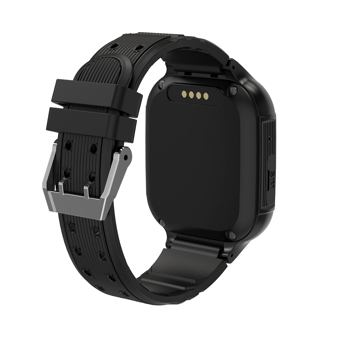 Czarny smartwatch z czarnym paskiem i srebrną klamrą. Widoczny tył zegarka.