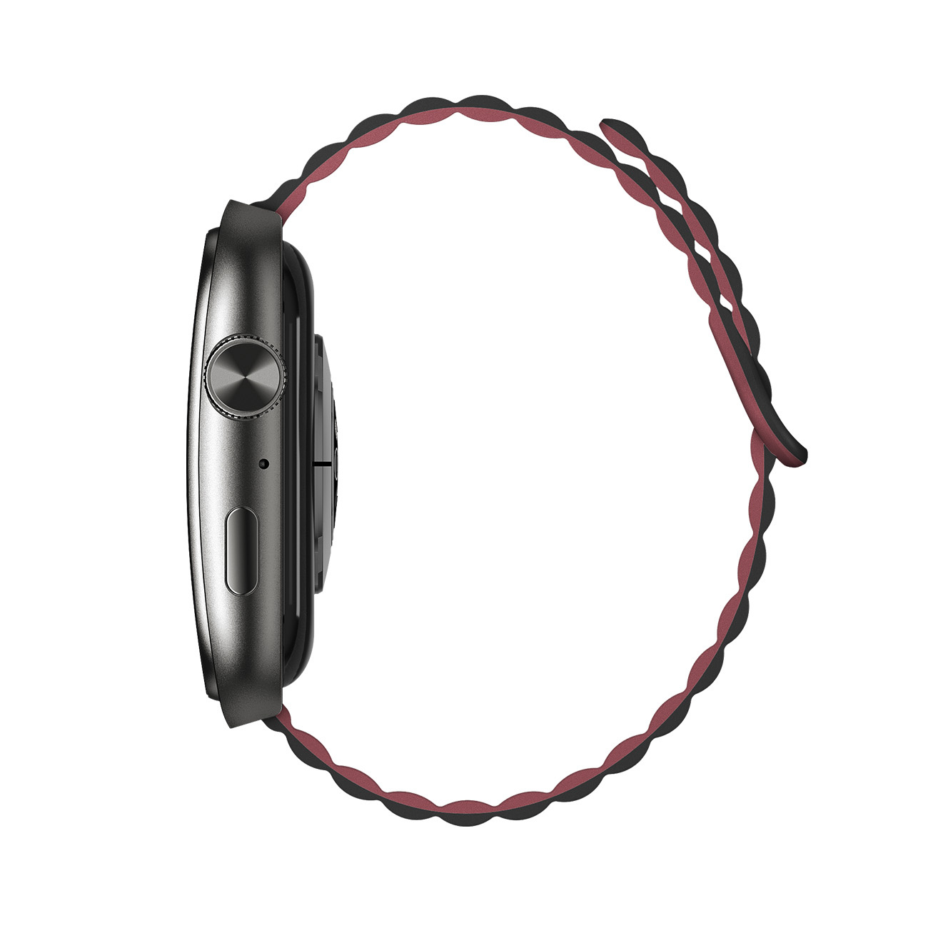 Szary smartwatch z falistym bordowym paskiem, widok z boku, na białym tle.