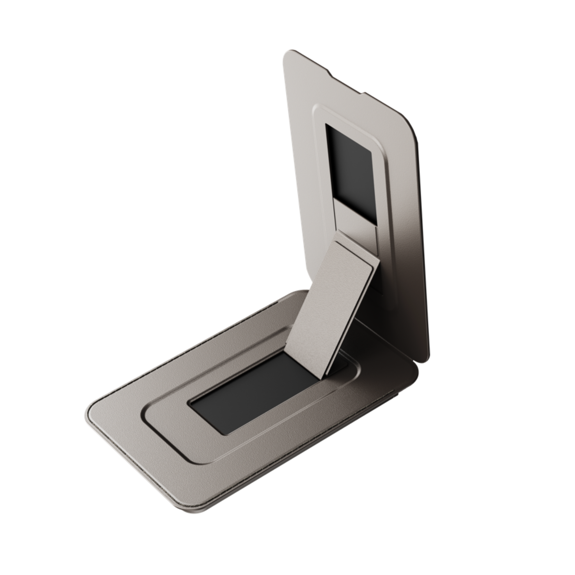 Silberner Metall-Telefonständer, gefaltet auf weißem Hintergrund.
