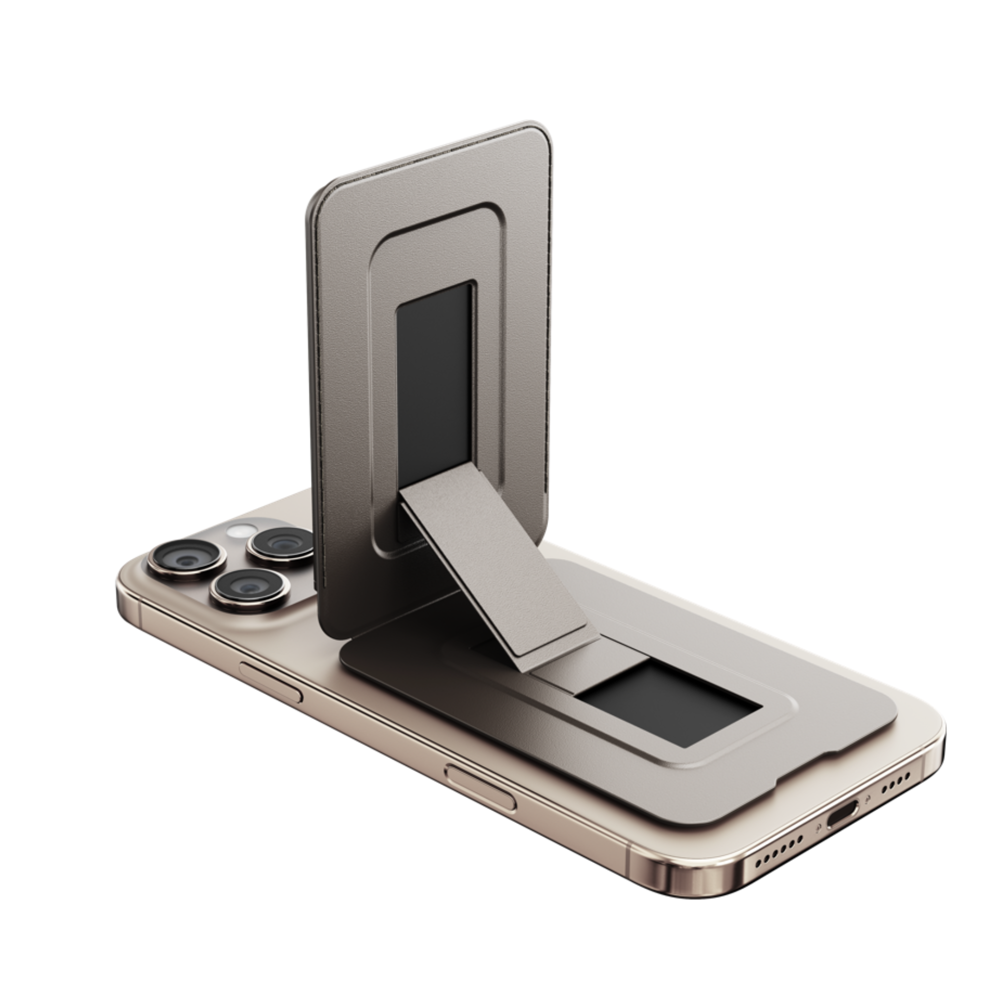 Telefon auf einem silbernen Ständer, mit Kamera auf der Rückseite.