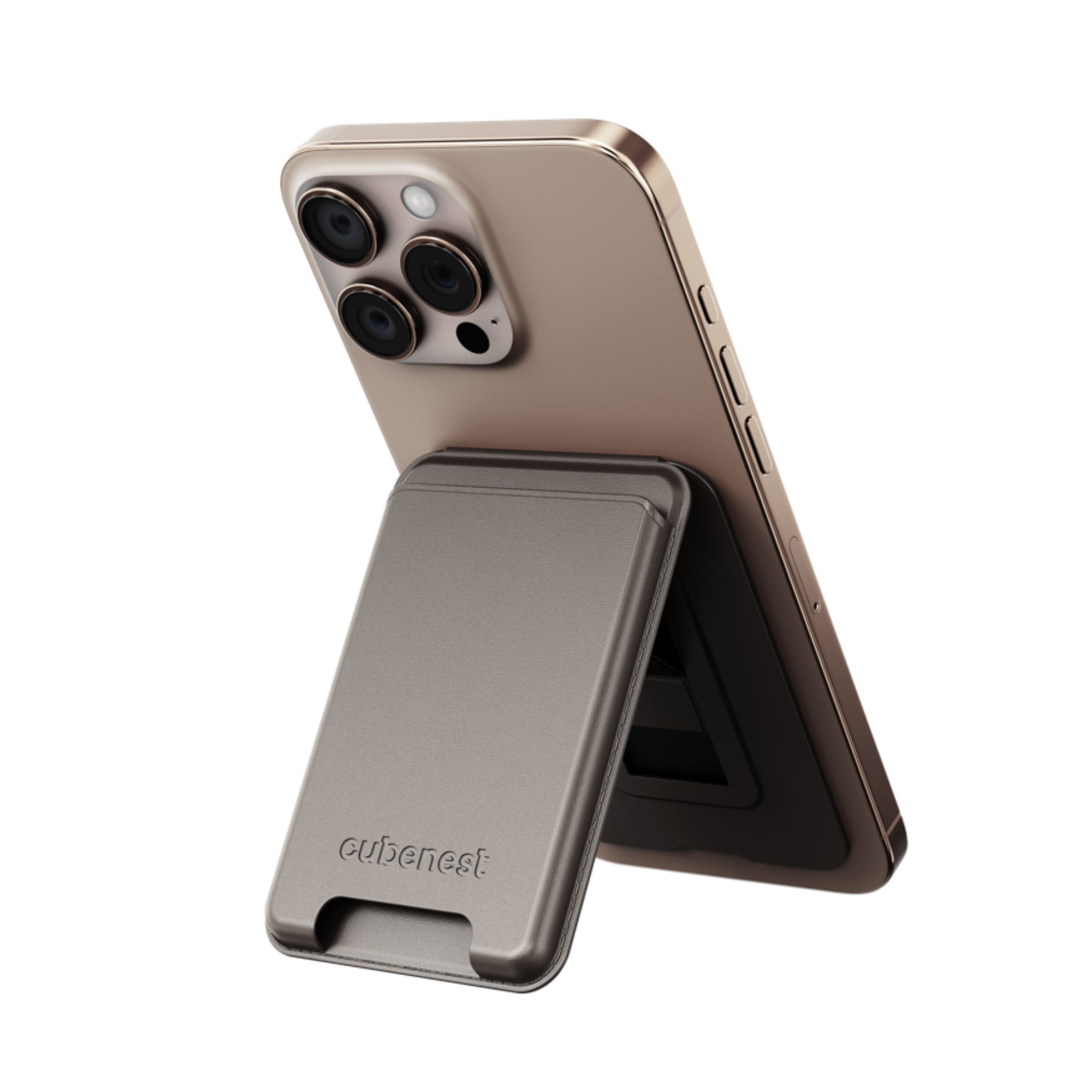 Ein goldenes Telefon auf einem Ständer, mit einem grauen Kartenhalter und weißem Hintergrund.