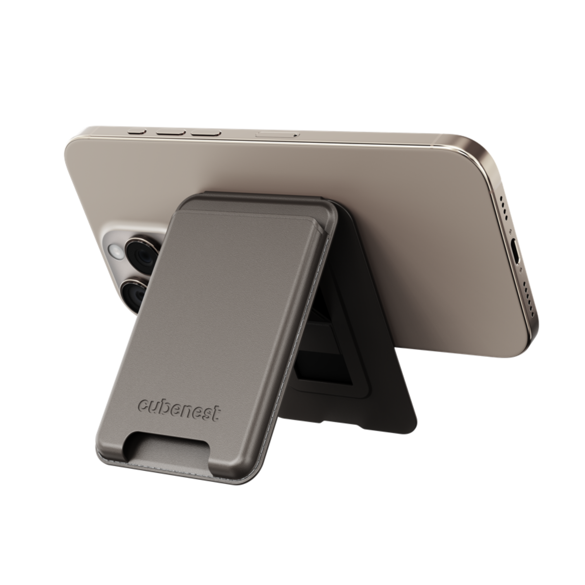 Telefon mit Ständer. Der Ständer ist grau und hält das Telefon in einem Winkel.