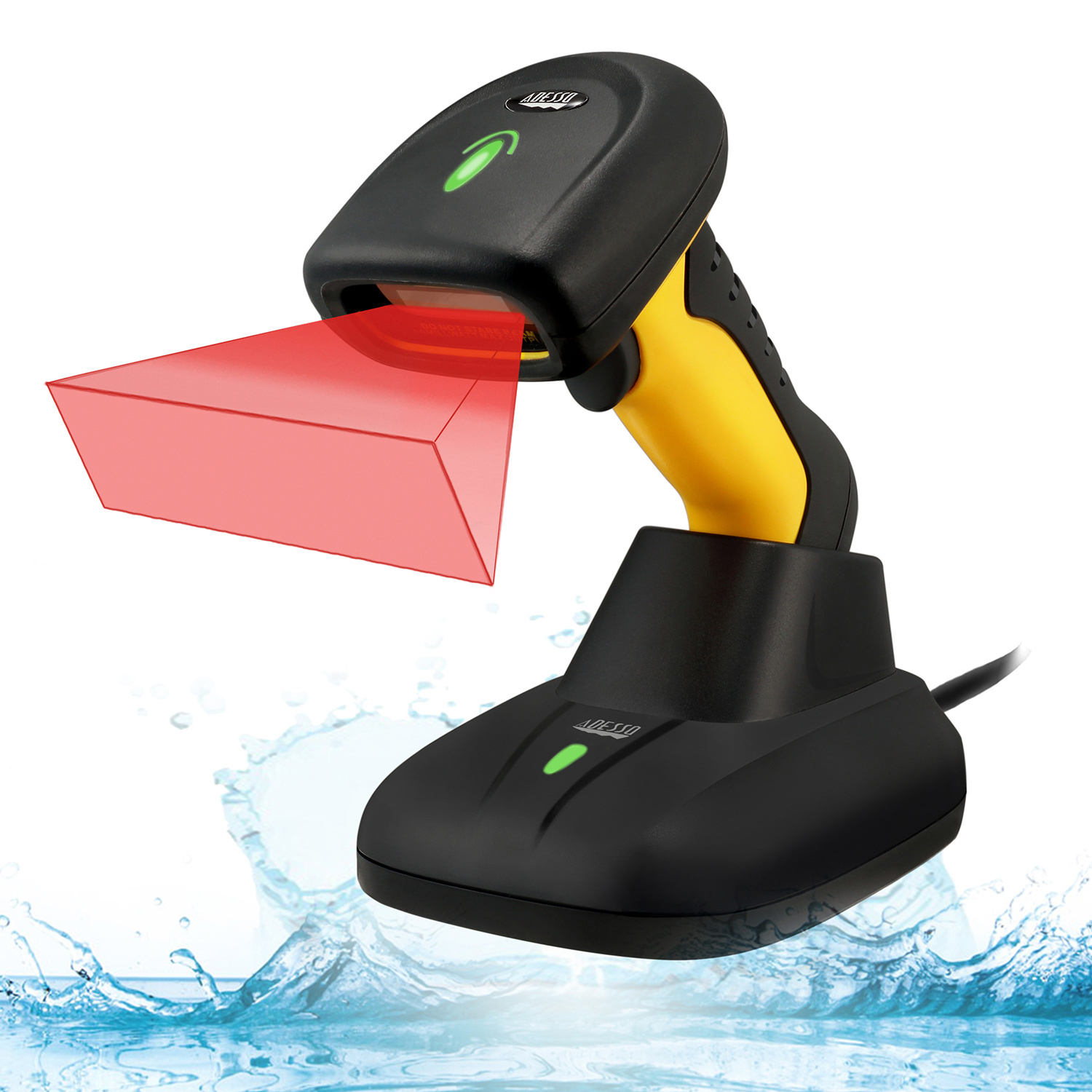 Uno scanner di codici a barre su una base con un raggio rosso, con schizzi d'acqua sullo sfondo.