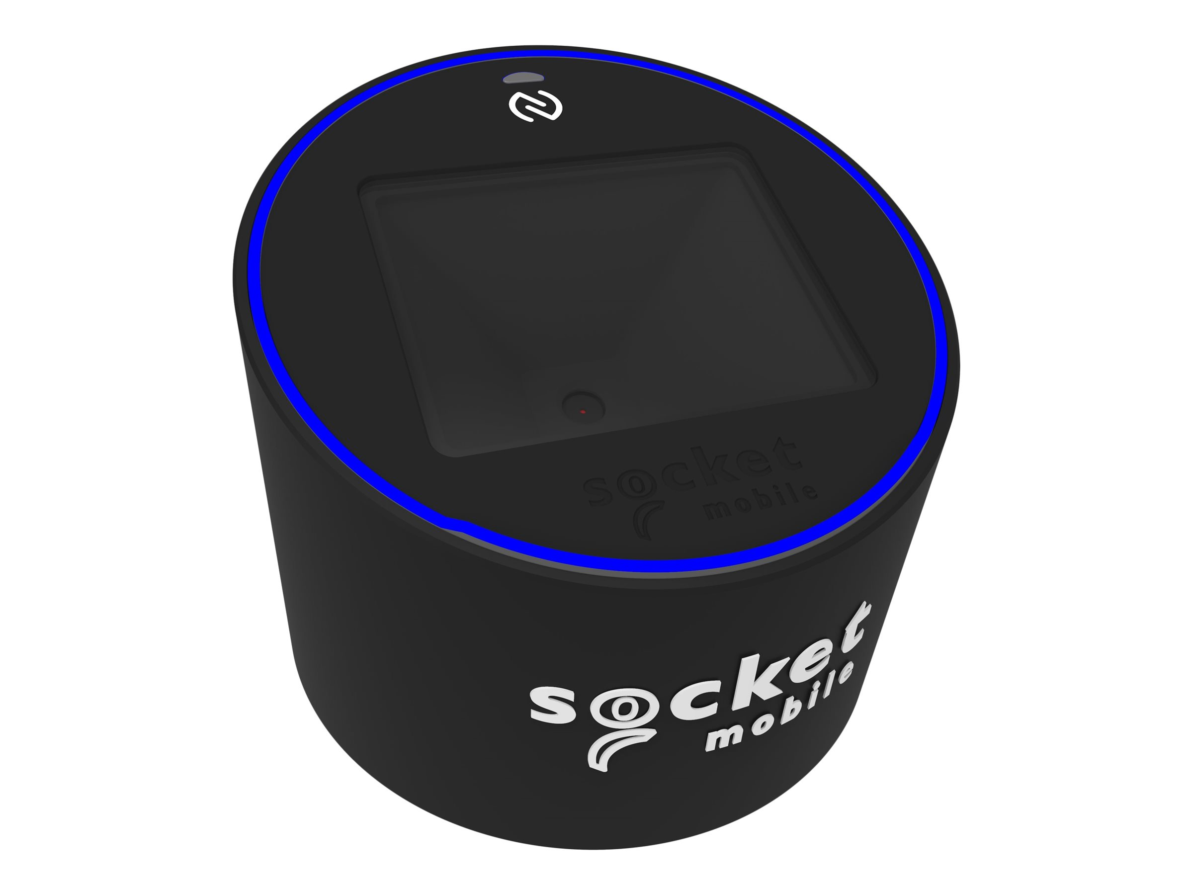 Dispositivo mobile a presa nero. Ha uno schermo con una luce blu attorno al bordo.