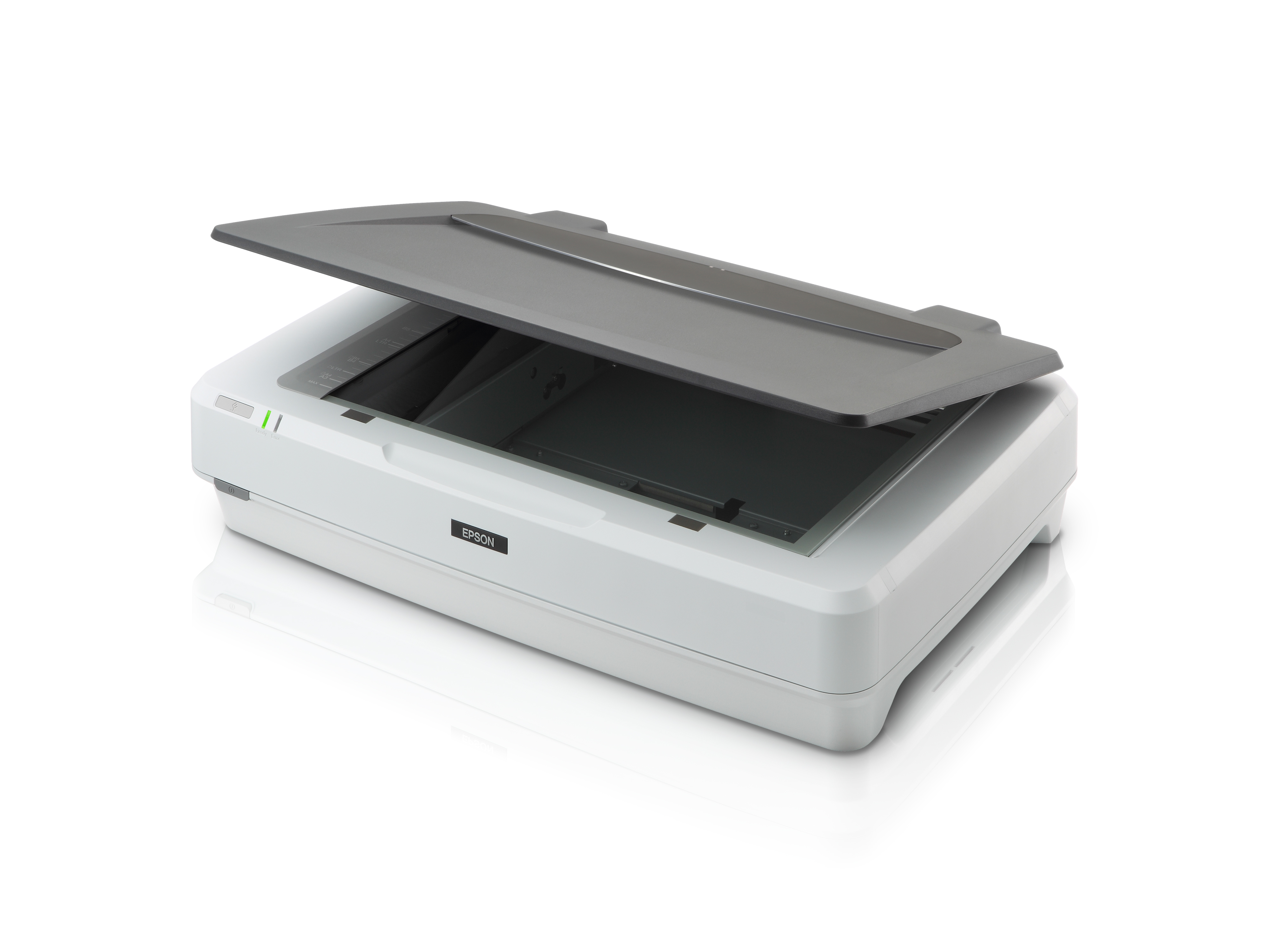 Uno scanner Epson con la parte superiore aperta. È bianco con un coperchio grigio.