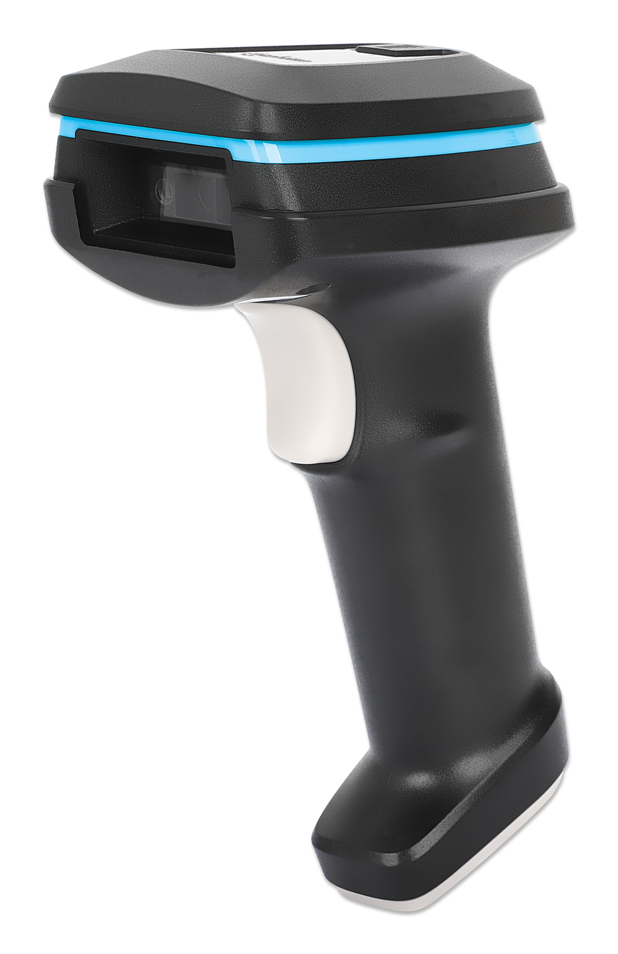 Uno scanner di codici a barre nero con un pulsante bianco e un accento blu. Lo scanner è su bianco.
