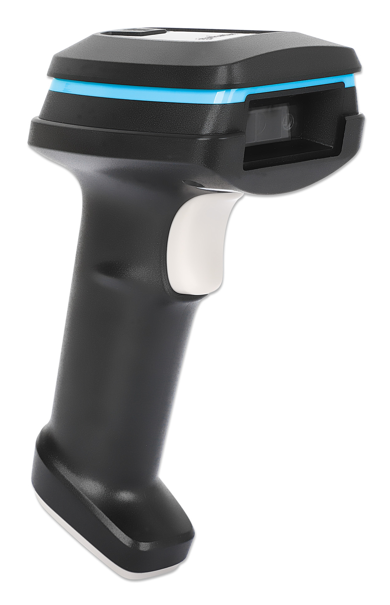Scanner di codici a barre nero con accento blu, pulsante di attivazione bianco e manico.