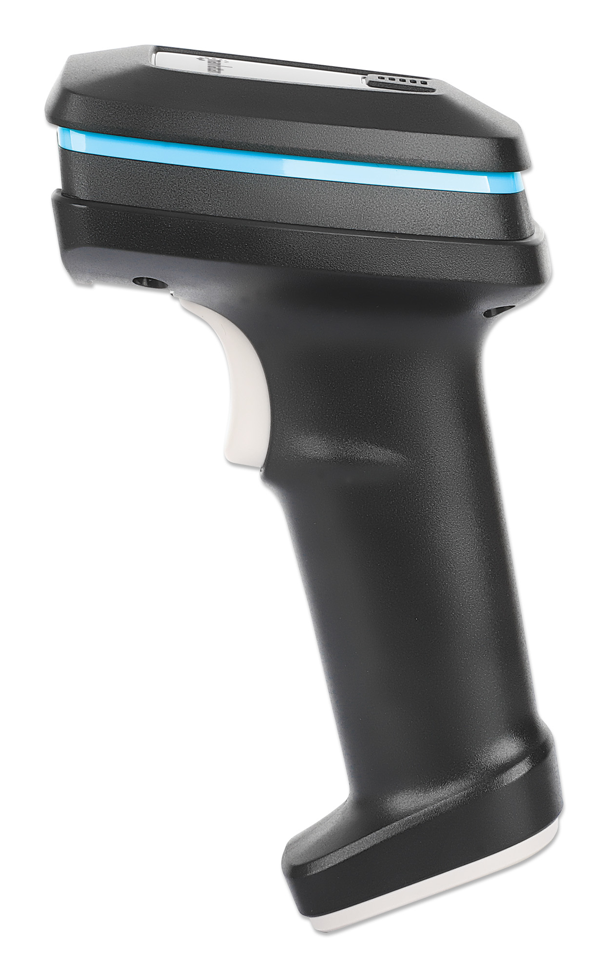 Uno scanner di codici a barre nero. Ha un pulsante bianco e una luce blu in alto.