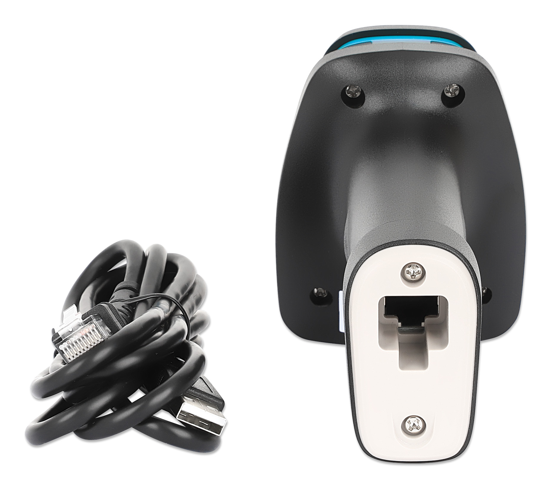 Un lettore di codici a barre nero con cavo e connettore USB accanto. Sfondo bianco.