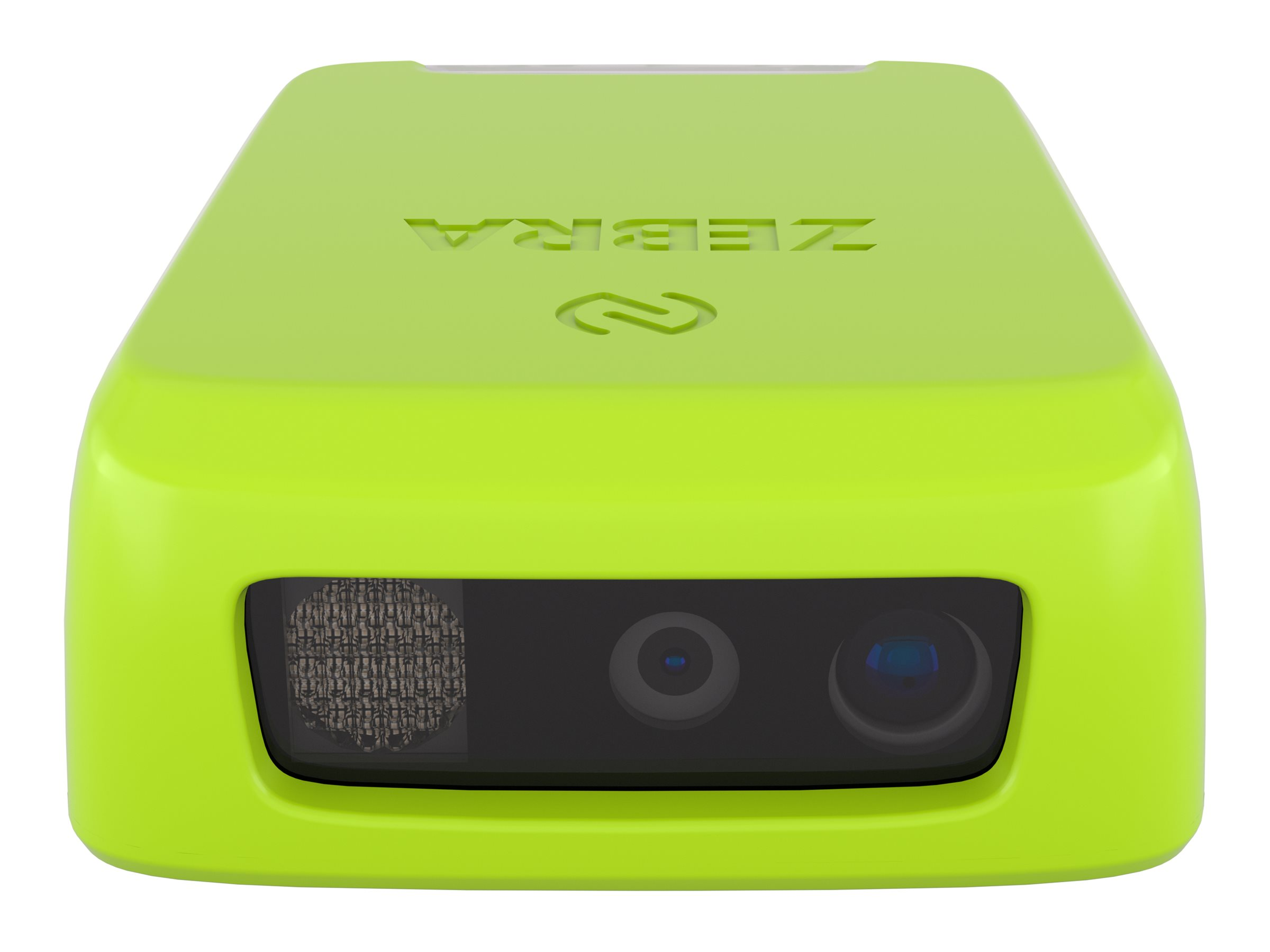 Scanner di codici a barre quadrato verde con porta scanner nera e logo 'Zebra'.