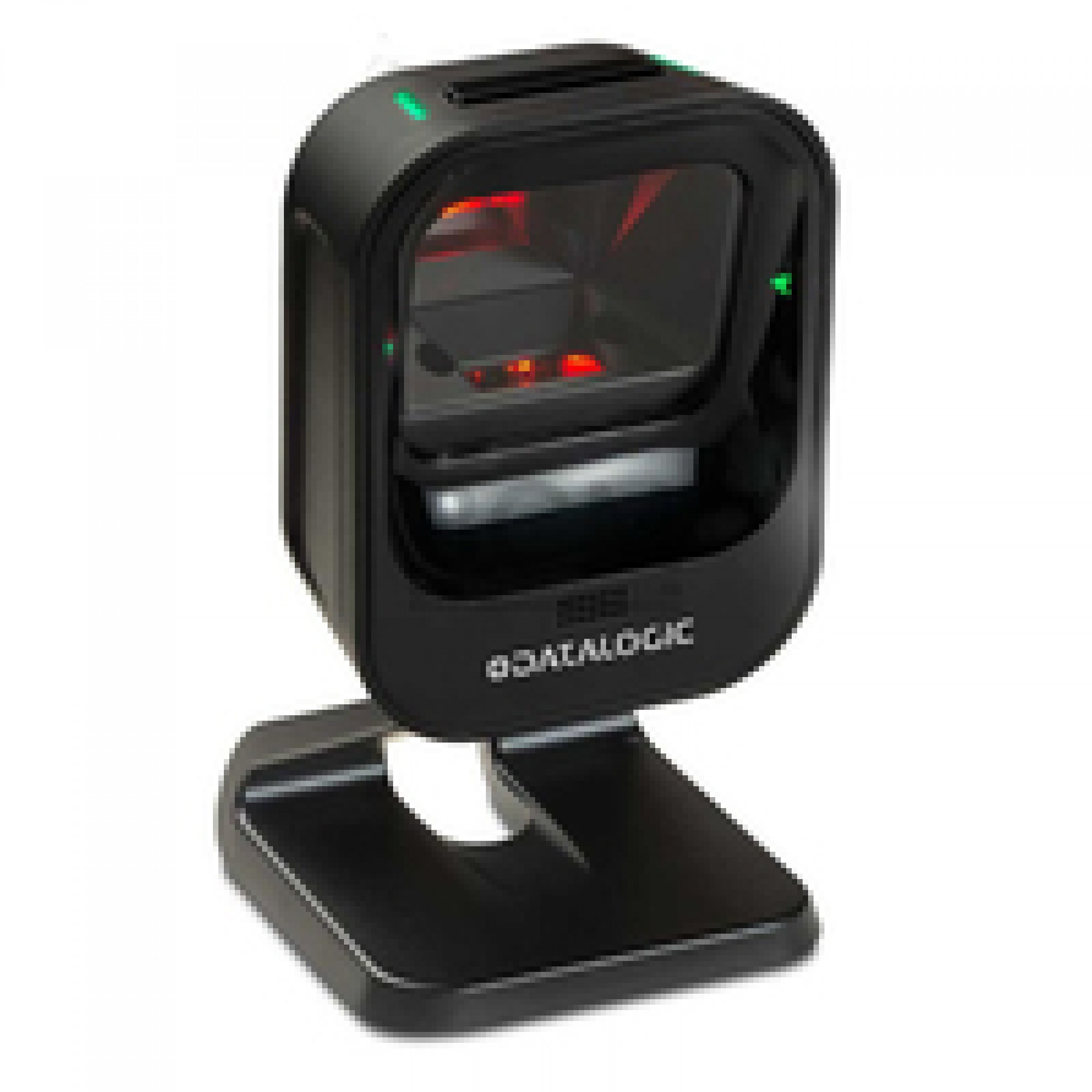 Uno scanner nero su un supporto, con luci rosse e verdi e finestra di scansione trasparente.