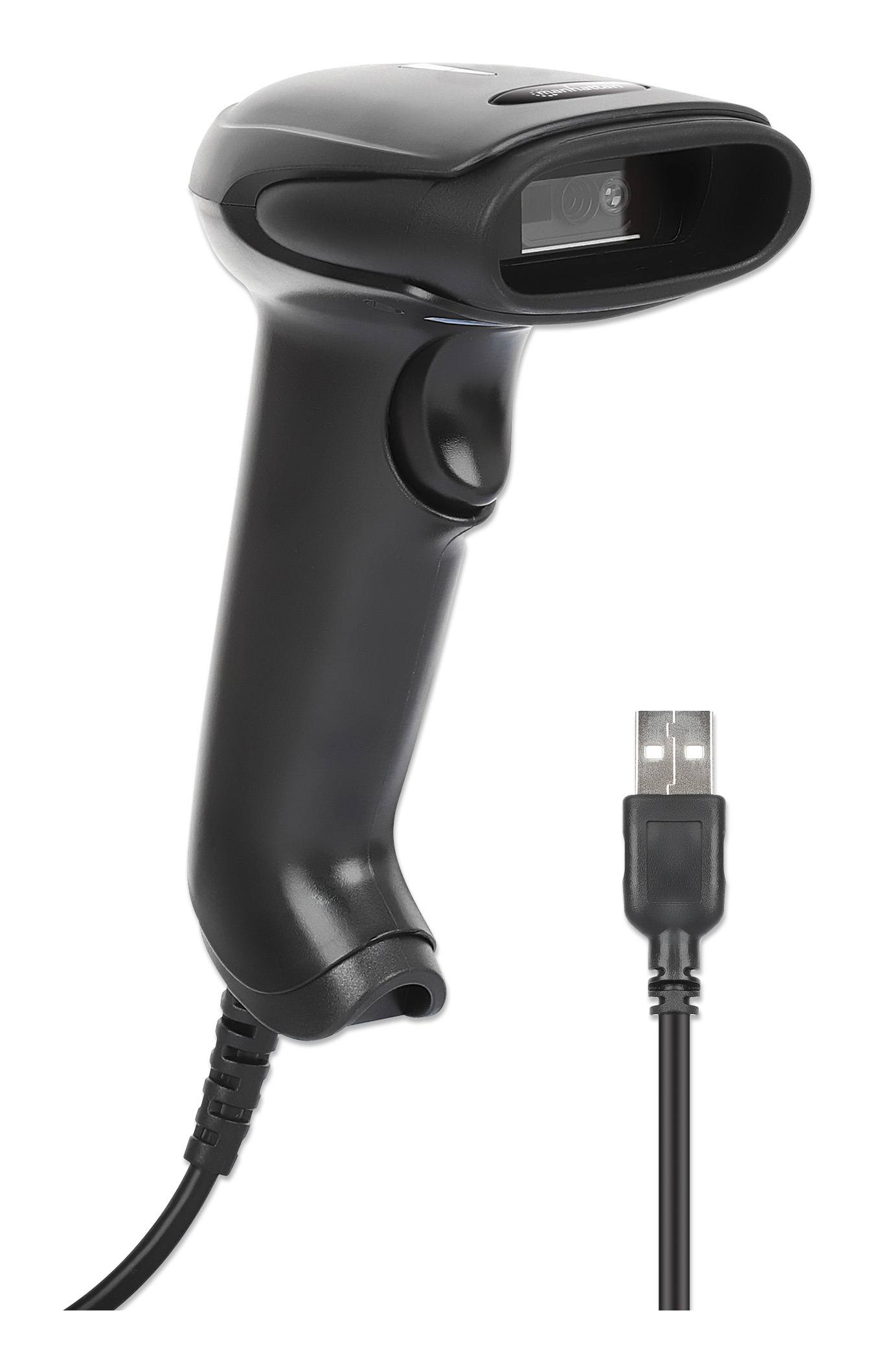 Scanner di codici a barre nero con cavo USB. Su sfondo bianco.