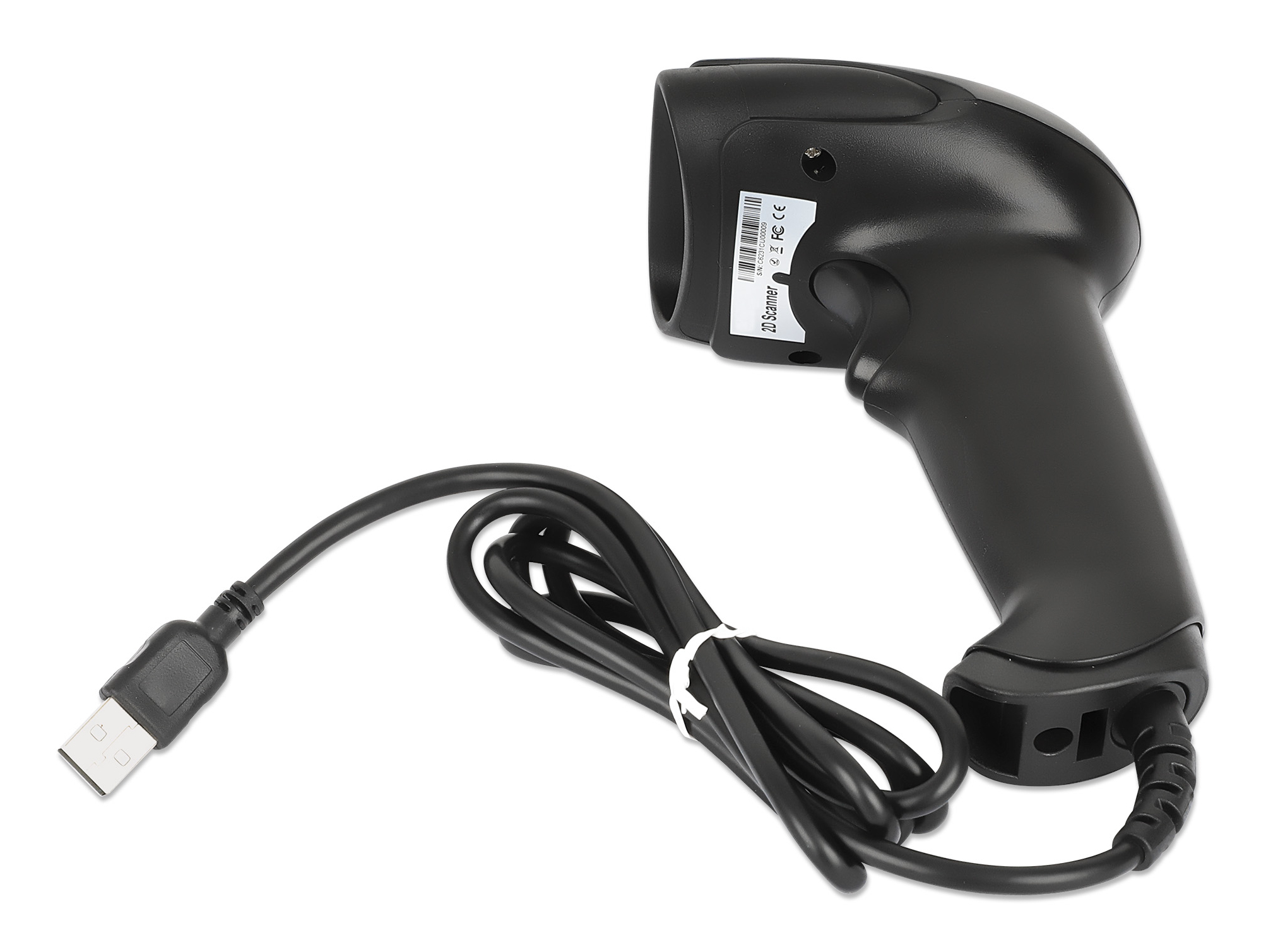 Un lettore di codici a barre nero con cavo USB su sfondo bianco.