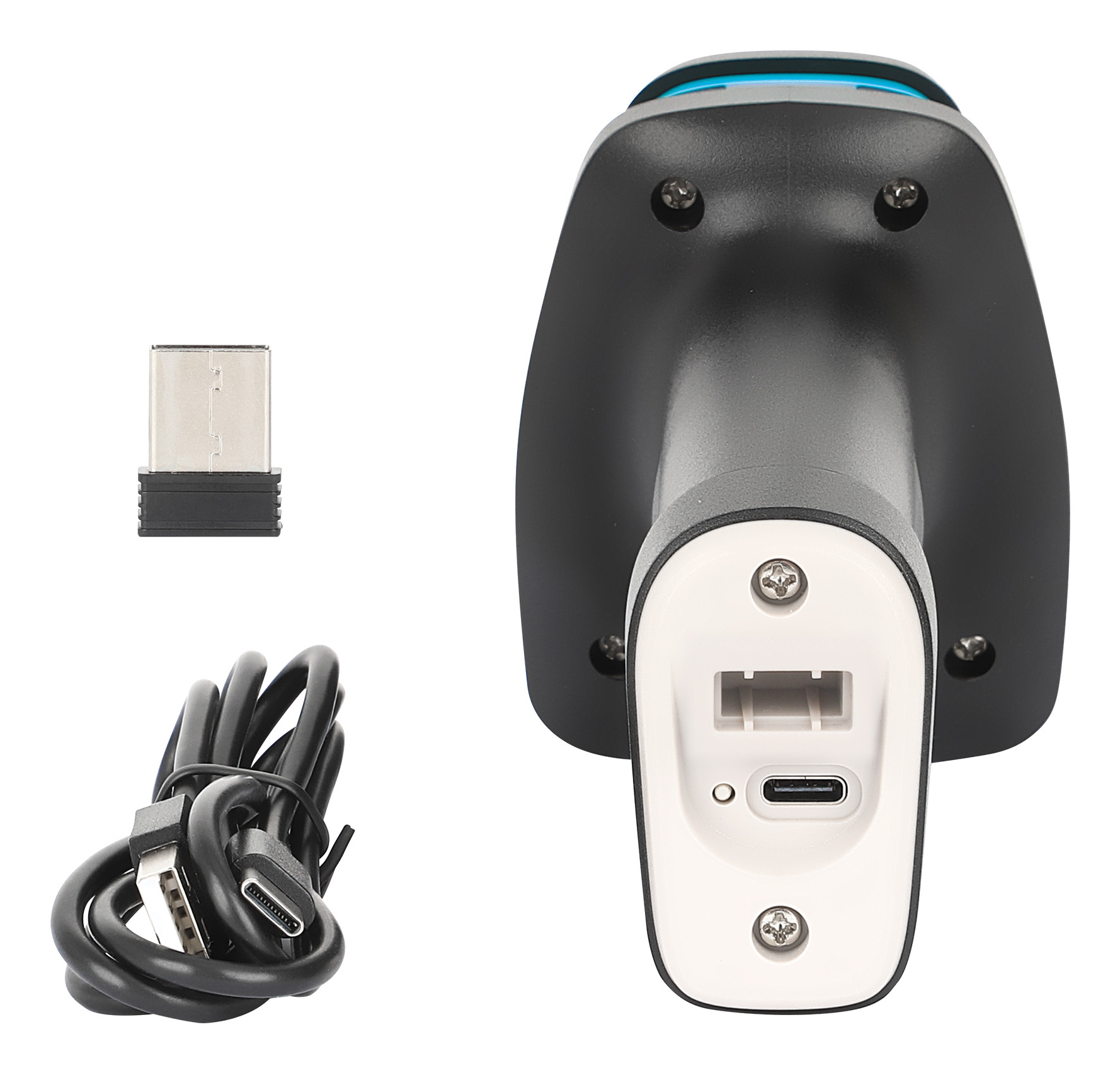 Lettore di codici a barre da dietro, nero con parte inferiore bianca e cavo e adattatore USB. Sfondo bianco.
