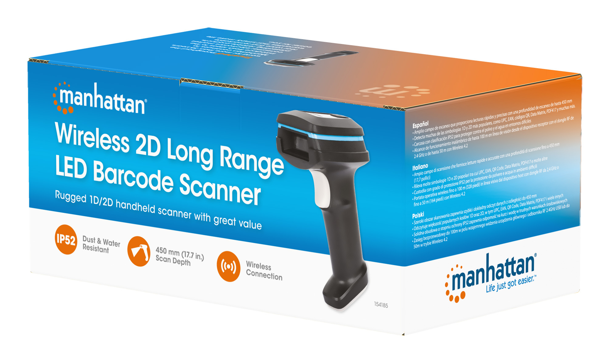 Scatola dello scanner di codici a barre Manhattan. La scatola ha l'immagine.