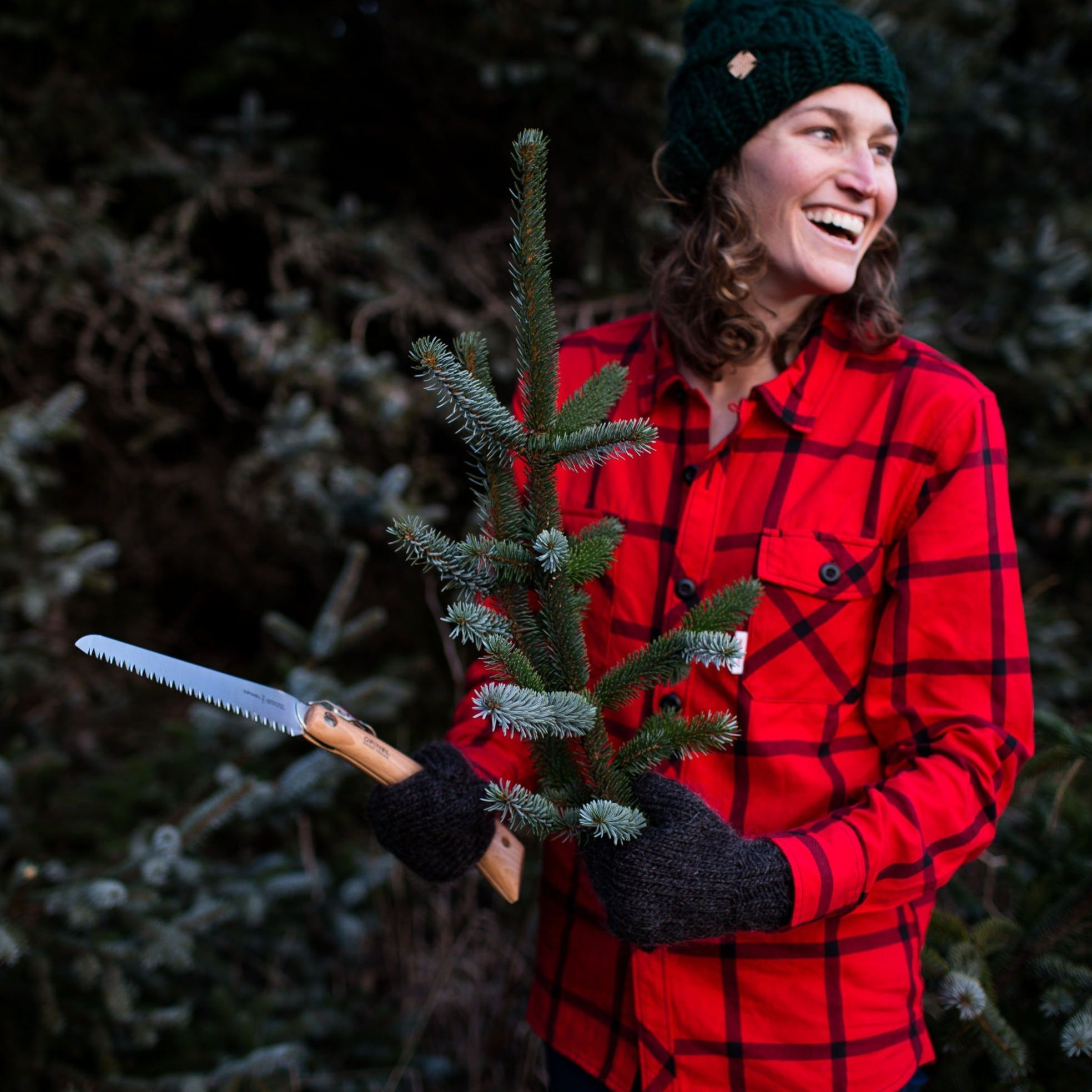 Kobieta trzyma małą choinkę i piłę składaną. Uśmiecha się.