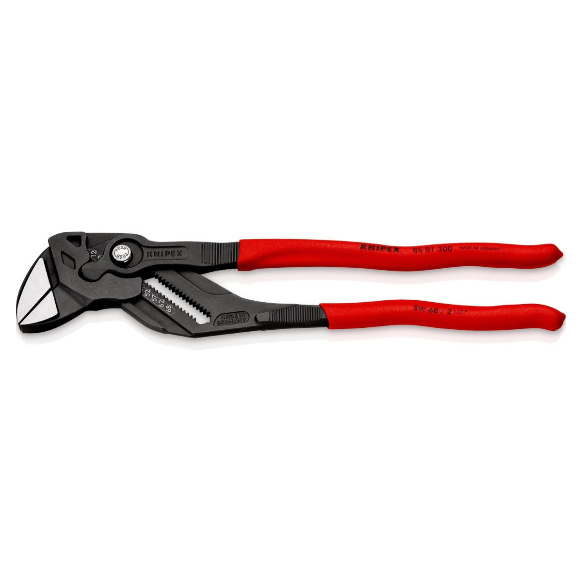 Alicates para bomba de agua Knipex con mangos rojos. Las mordazas metálicas están abiertas.