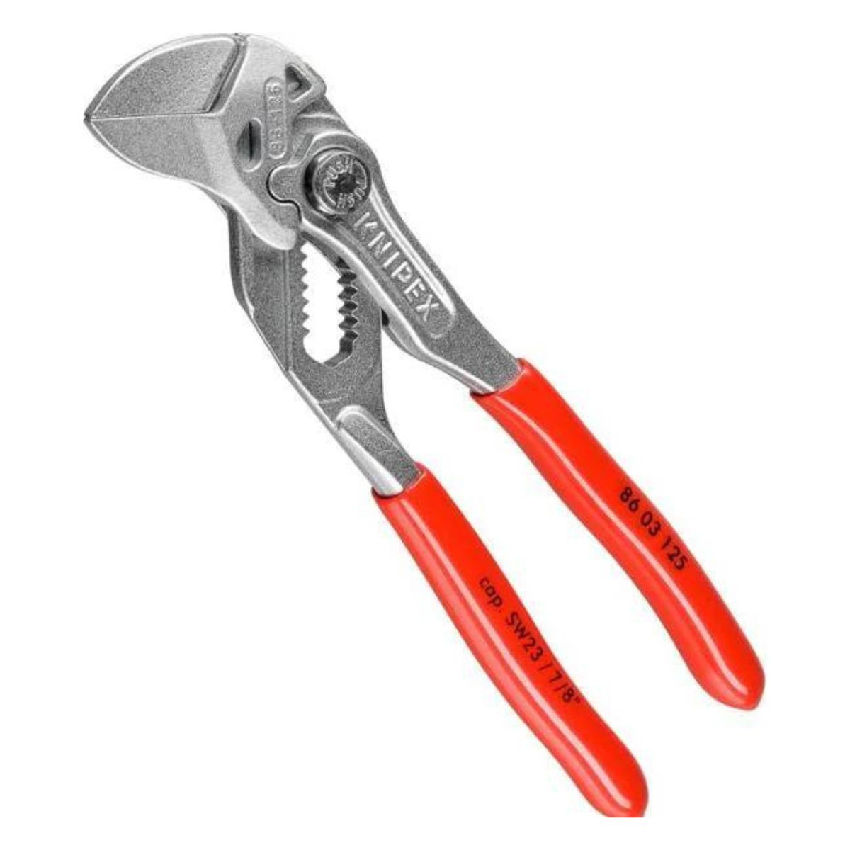 Knipex pliers with red handles, showing the brand and size markings.