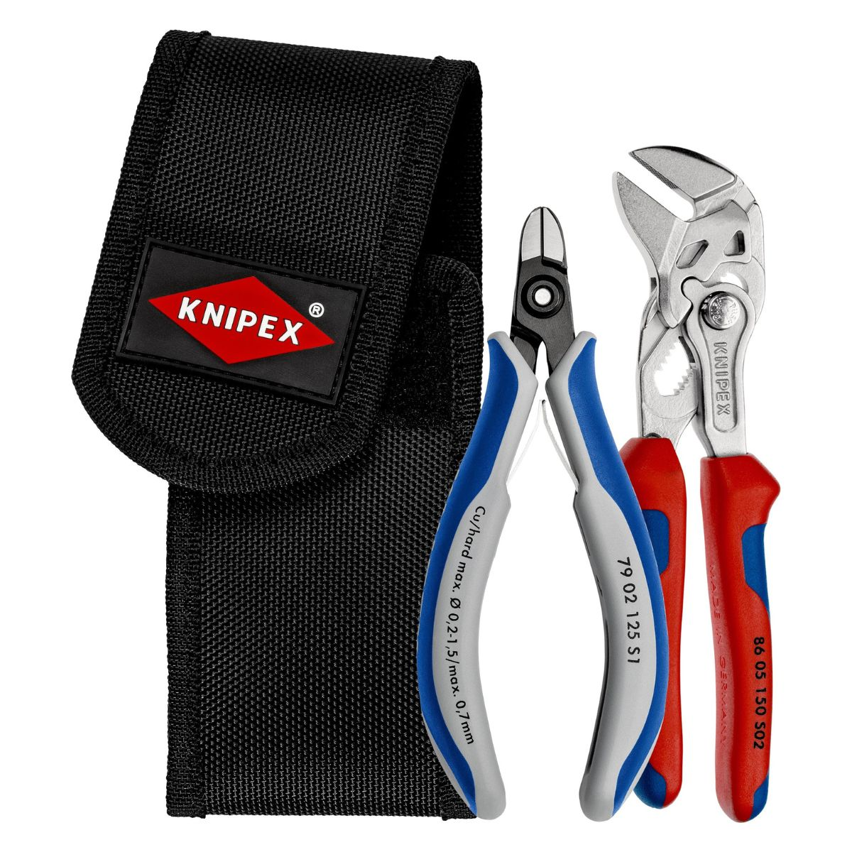 Un kit de herramientas con alicates y una bolsa. Los alicates tienen mangos rojos y azules, y la marca 'KNIPEX' es visible.