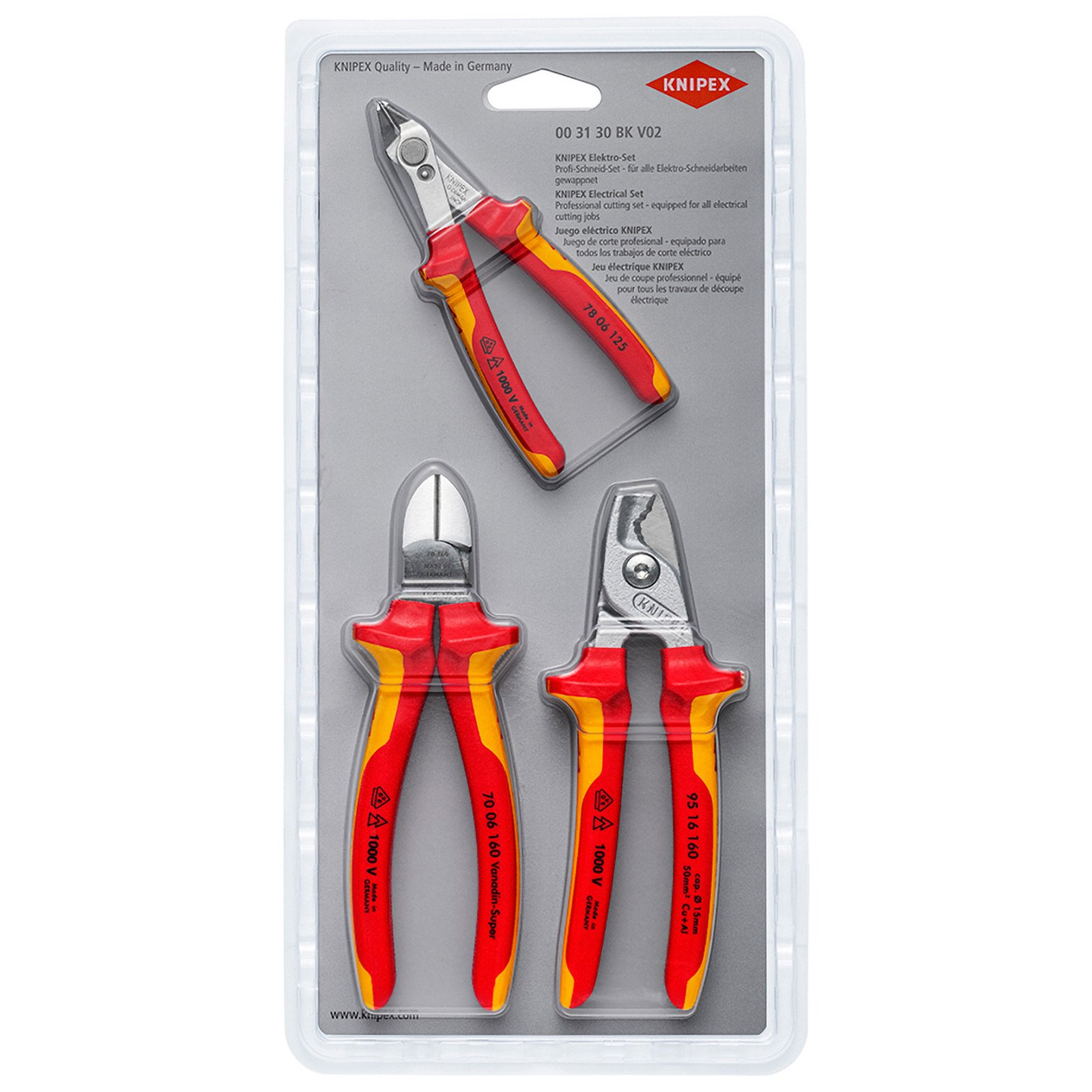 Zangenset in Blisterverpackung. Rote, gelbe Griffe. Marke KNIPEX.