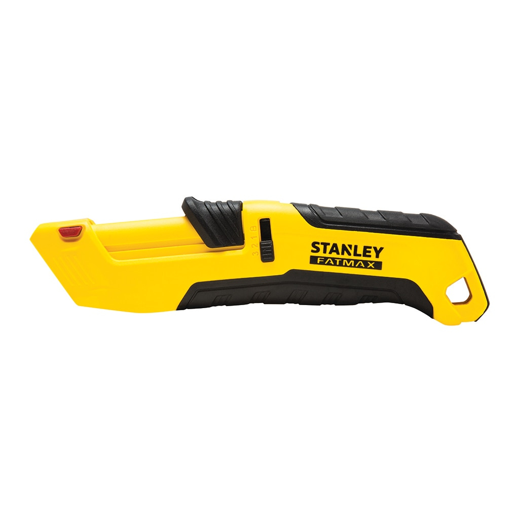 Ein gelbes Stanley Fatmax Messer mit schwarzem Griff und schwarzem Schieber.