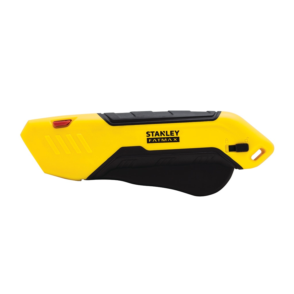 Un cuchillo multiusos amarillo con detalles negros. El cuchillo está cerrado y tiene un botón rojo.