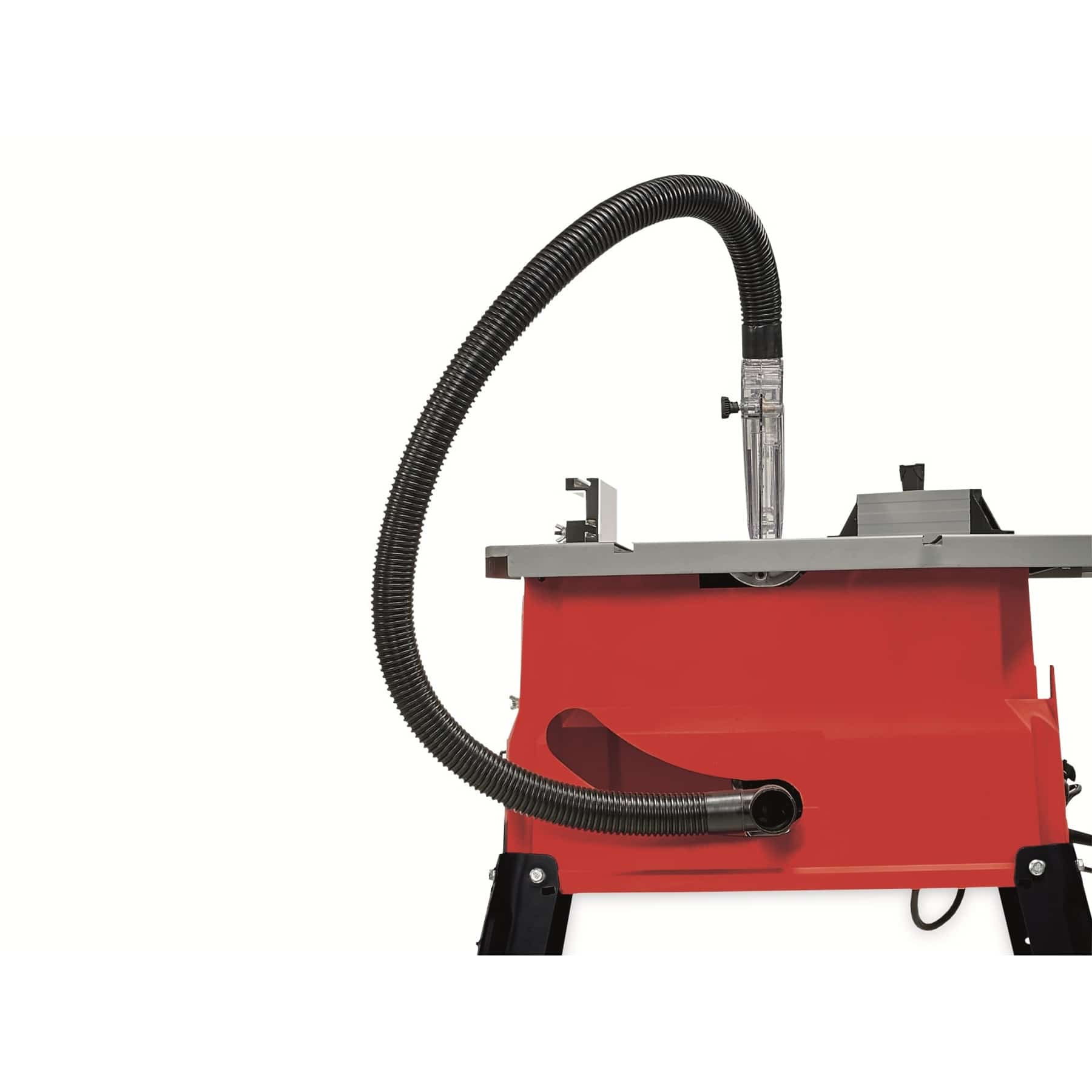 Czerwono-czarna piła stołowa z czarnym wężem. Piła jest na białym tle. Wąż wygina się do góry.