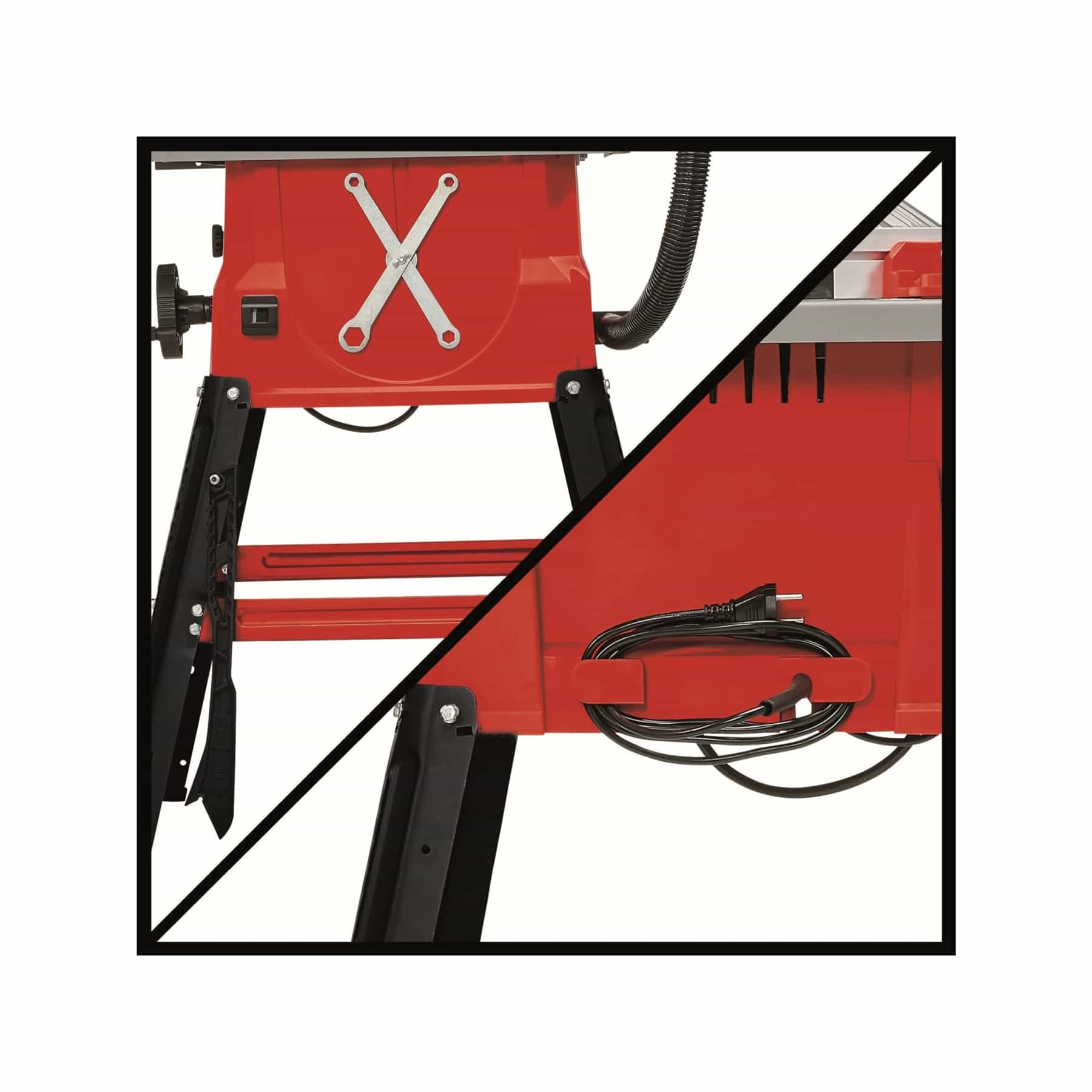 Czerwona piła stołowa, przecięta po przekątnej, pokazująca stół i podstawę z nogami. Czarne i srebrne detale.