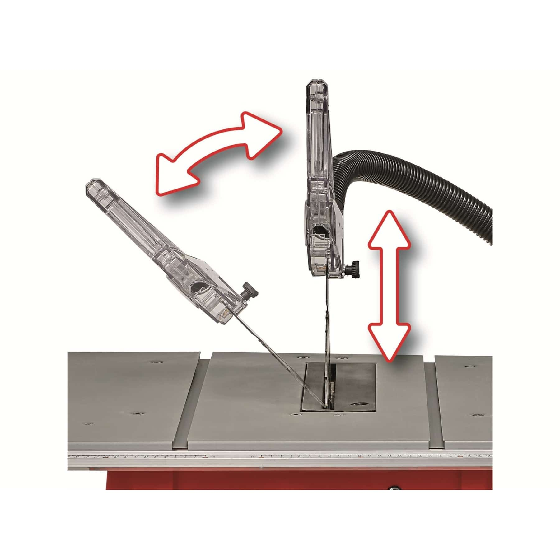 Piła stołowa z przezroczystą osłoną. Czerwona podstawa, biały stół. Strzałki i etykiety wskazują działanie. Białe tło.