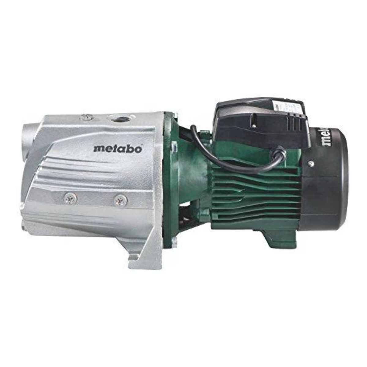 Srebrna i zielona pompa wodna na białym tle.