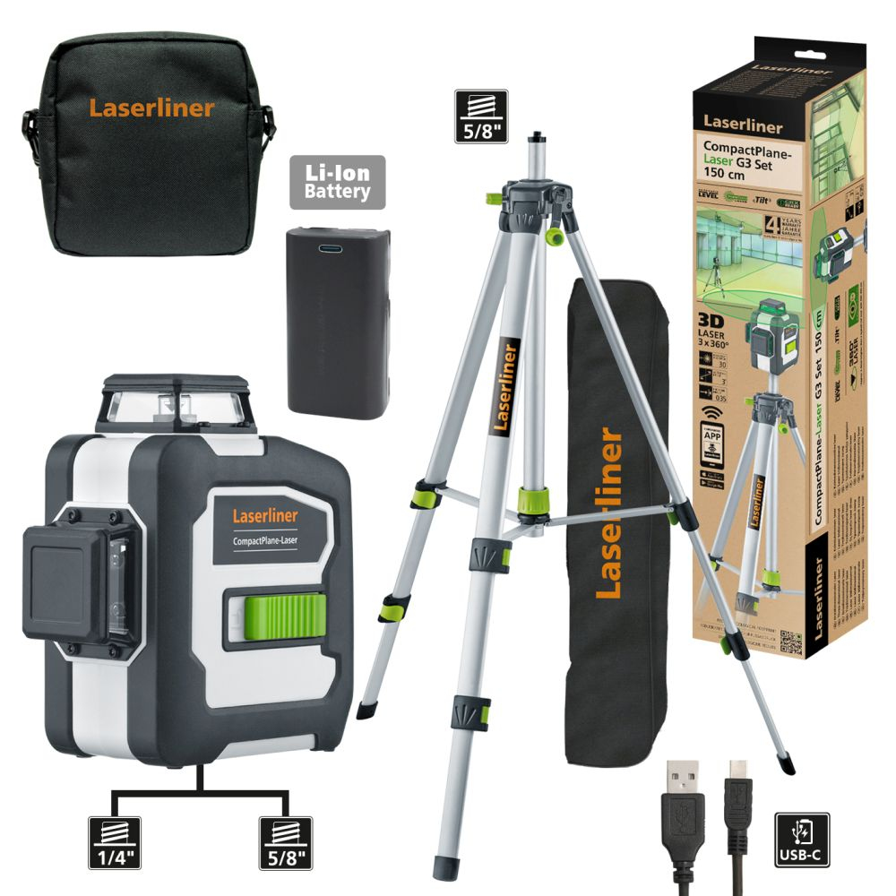 Ein Laser-Nivellier-Set mit Stativ und Zubehör. Das Hauptgerät ist schwarz und weiß, in einer schwarzen Tasche.