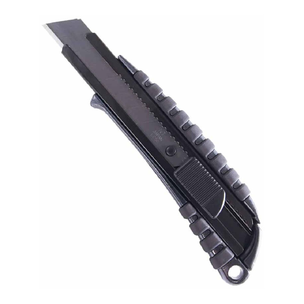 Schwarzes Teppichmesser, Klinge ausgefahren, auf weißem Hintergrund.