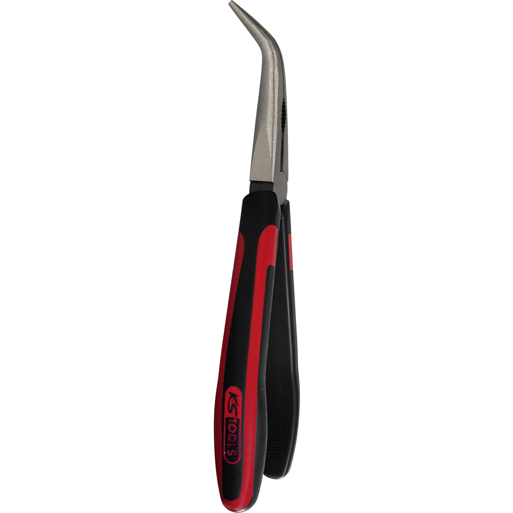 Gebogene Zange mit rot-schwarzen Griffen. KS TOOLS Logo sichtbar. Die Zange vor weißem Hintergrund.