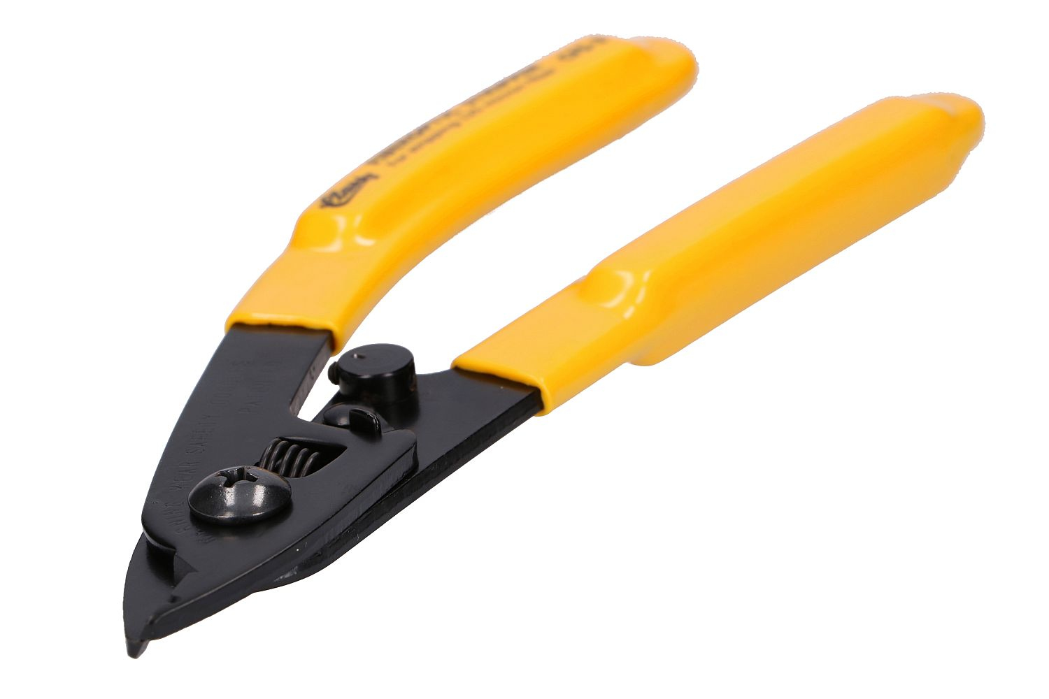 Żółty uchwyt do ściągania izolacji światłowodów, czarna głowica. Zamknięta pozycja na białym tle.
