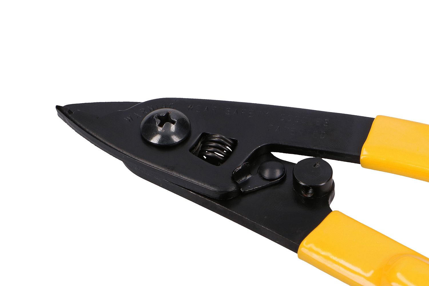 Szczegół głowicy narzędzia do ściągania izolacji światłowodów. Czarna głowica, żółte uchwyty, białe tło.