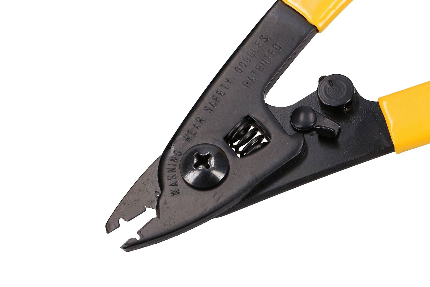 Szczegół głowicy narzędzia do ściągania izolacji światłowodów. Czarna głowica, żółte uchwyty, białe tło.