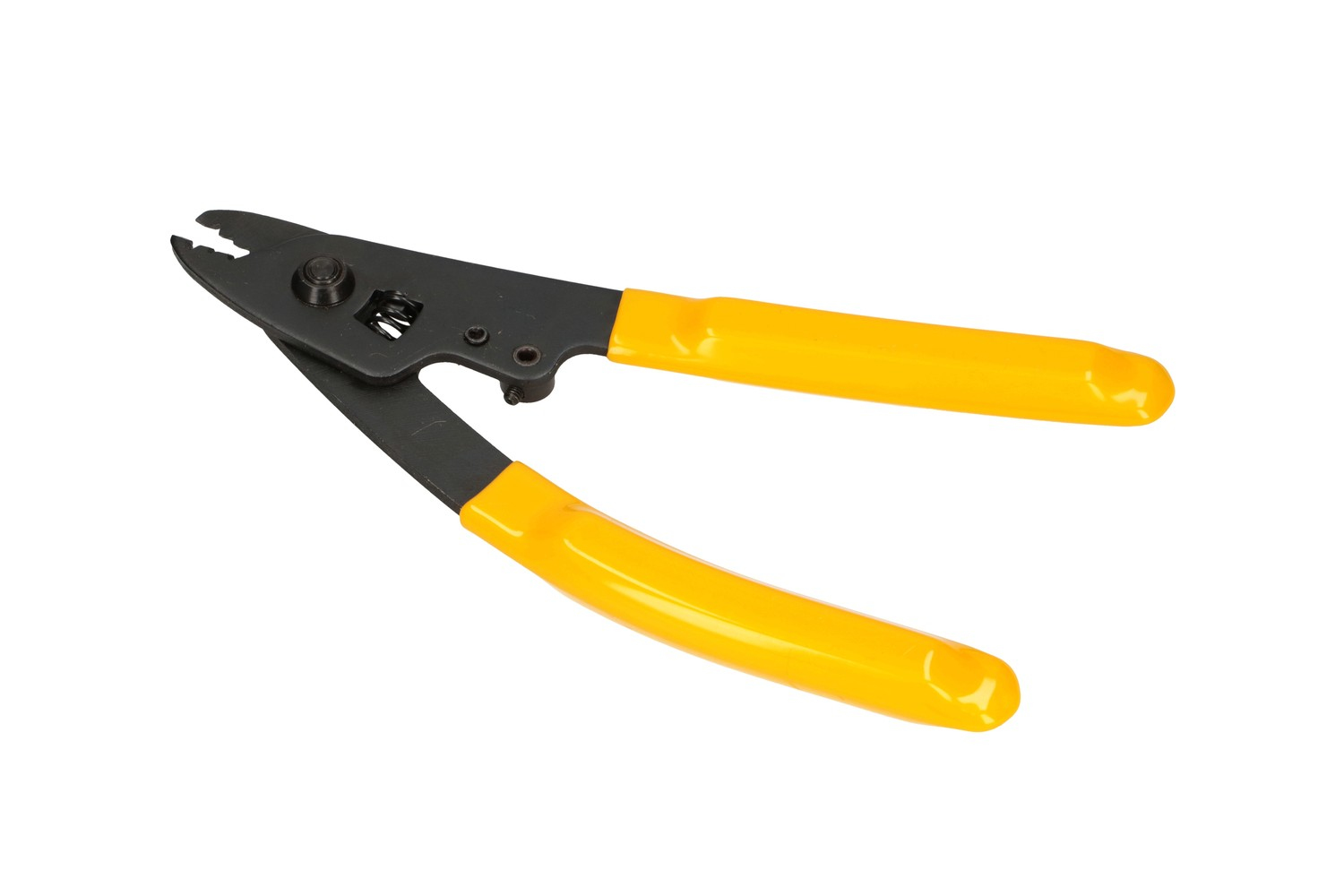 Pelacables de fibra óptica con mangos amarillos, cabeza negra, sobre fondo blanco.