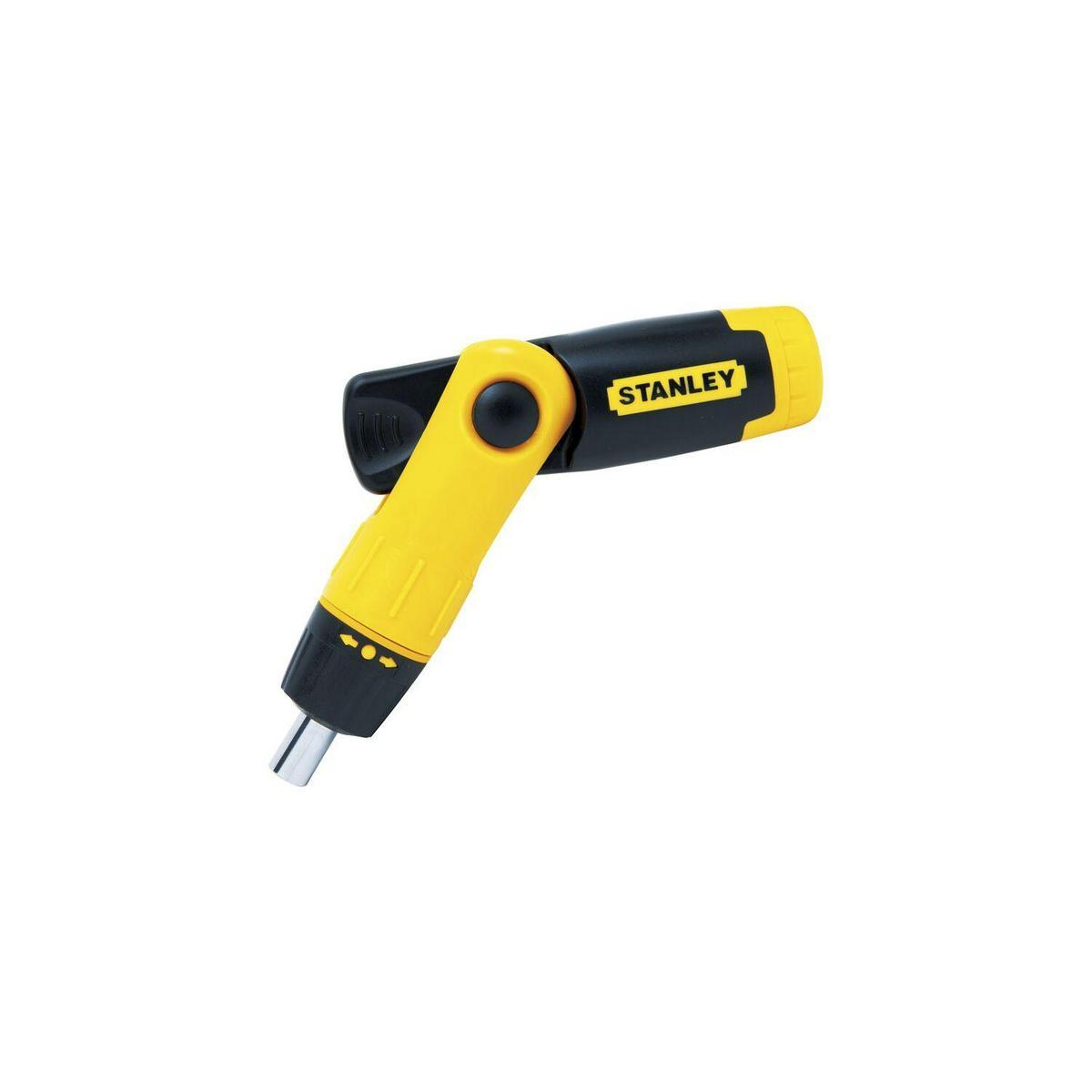 Śrubokręt Stanley, żółto-czarny, uchwyt o regulowanym kącie. Białe tło.