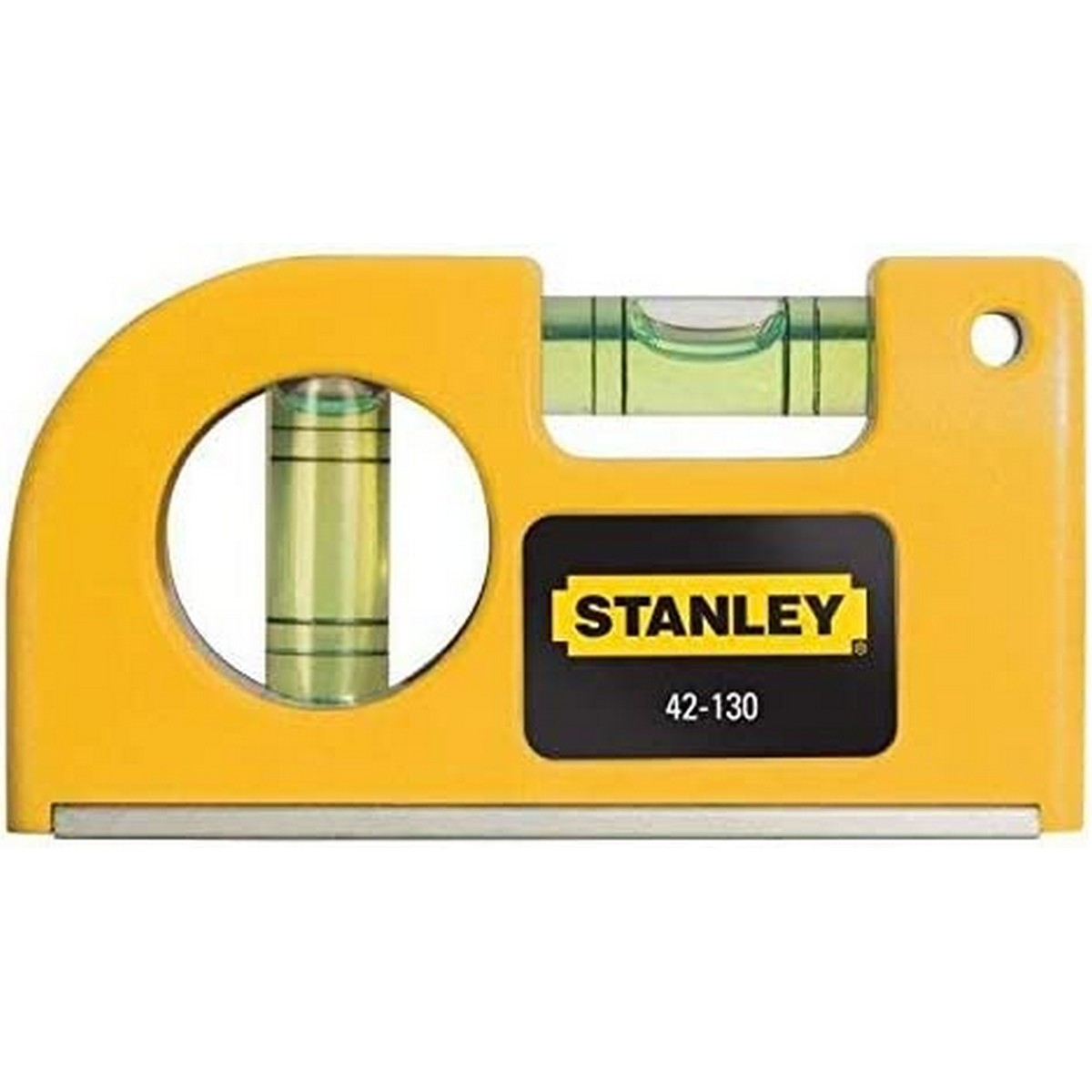 Livella Stanley gialla con fiale. Etichetta nera: 'STANLEY 42-130'. Sfondo bianco.