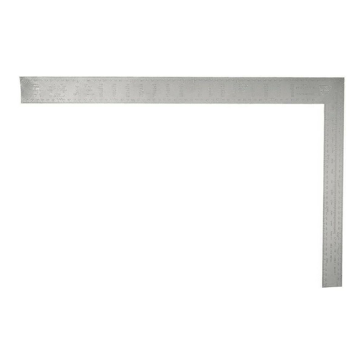 Kątownik Stanley, srebrny, w kształcie litery L, z podziałką. Białe tło.