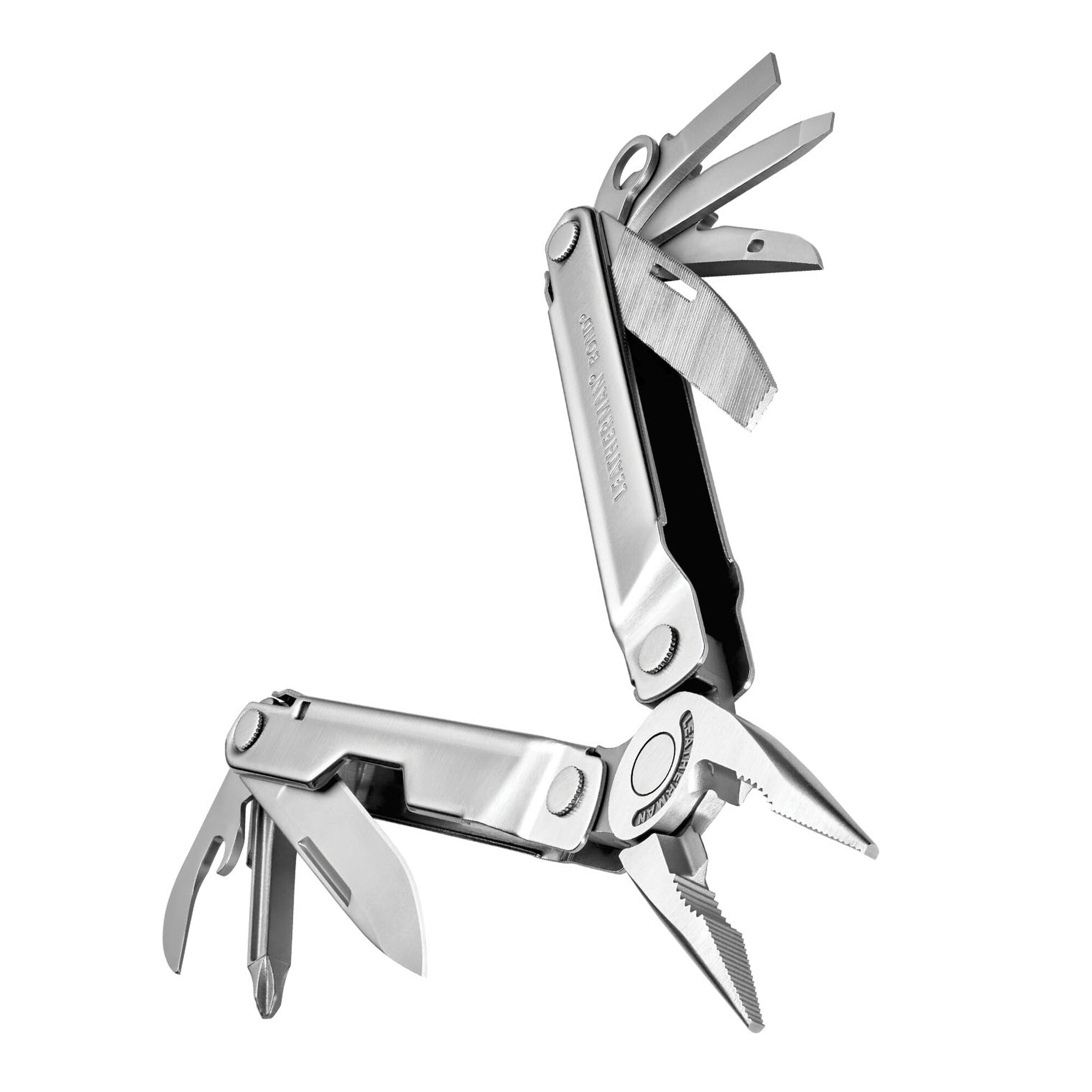 Otwarty srebrny multi-tool Leatherman, prezentujący różne narzędzia, takie jak szczypce i nóż.