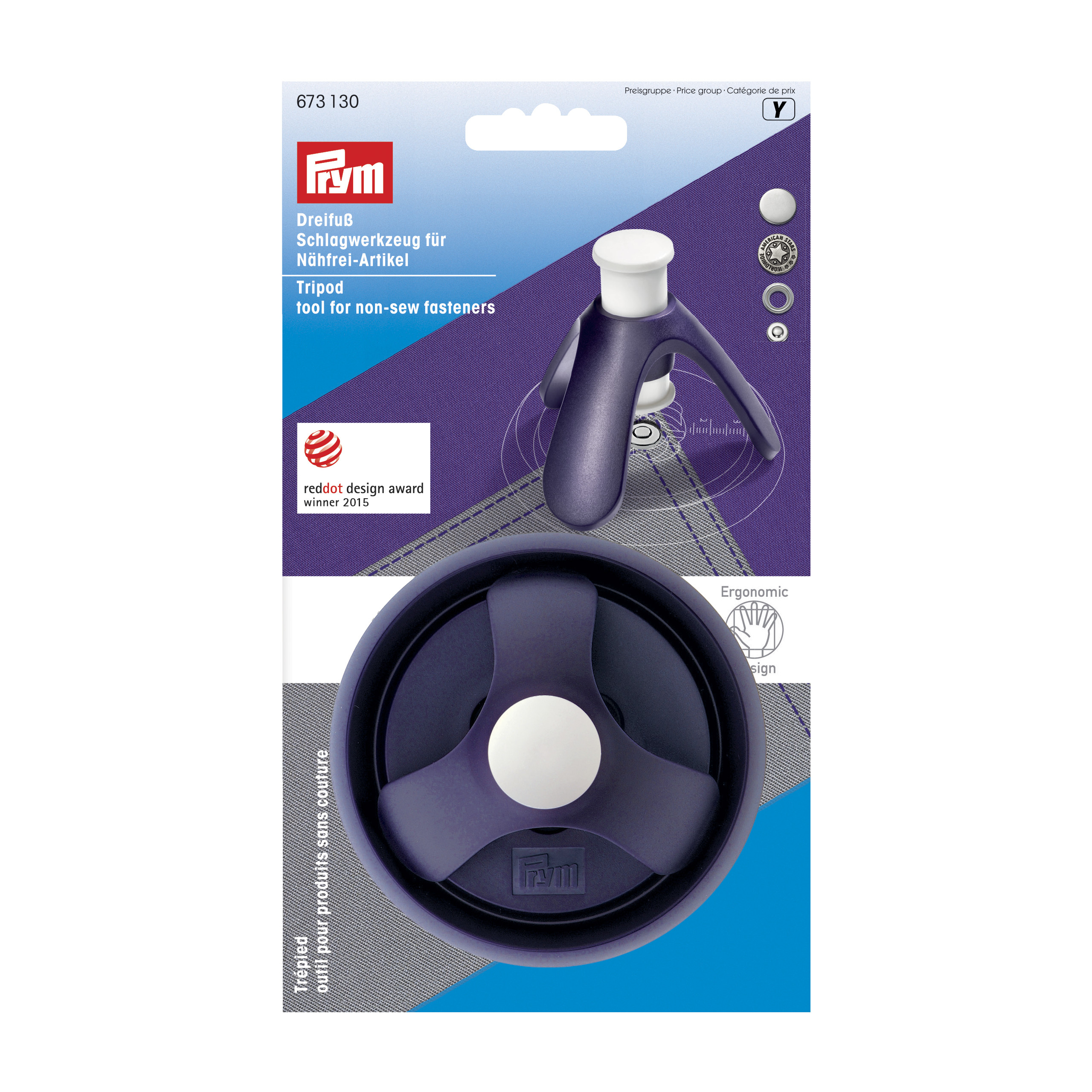 Ein lila Werkzeug mit weißem Griff und kreisförmiger Basis. Verpackung mit Text und Red Dot Award.