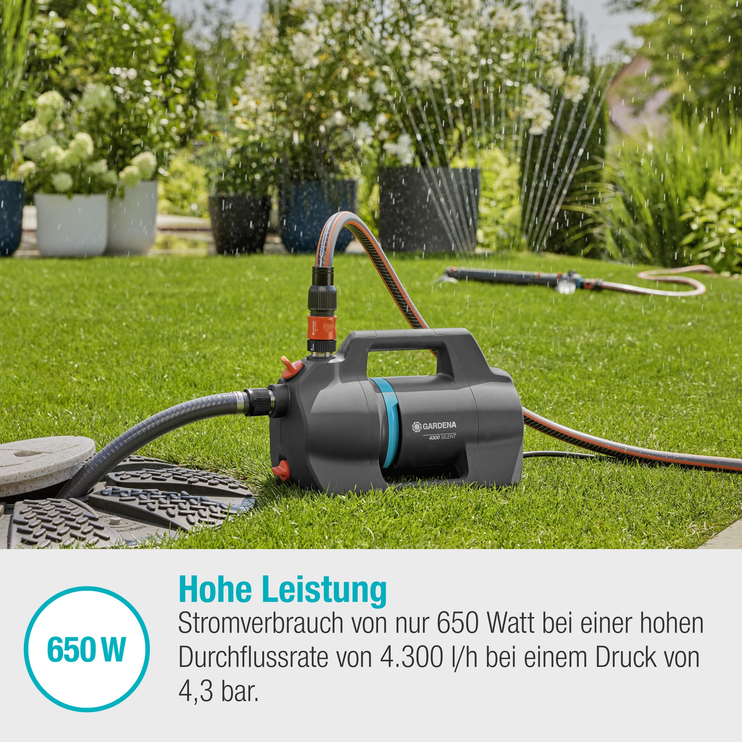 Pompa wodna w ogrodzie, tekst: Wysoka wydajność, moc 650W, przepływ 4.300 l/h przy 4,3 bar.