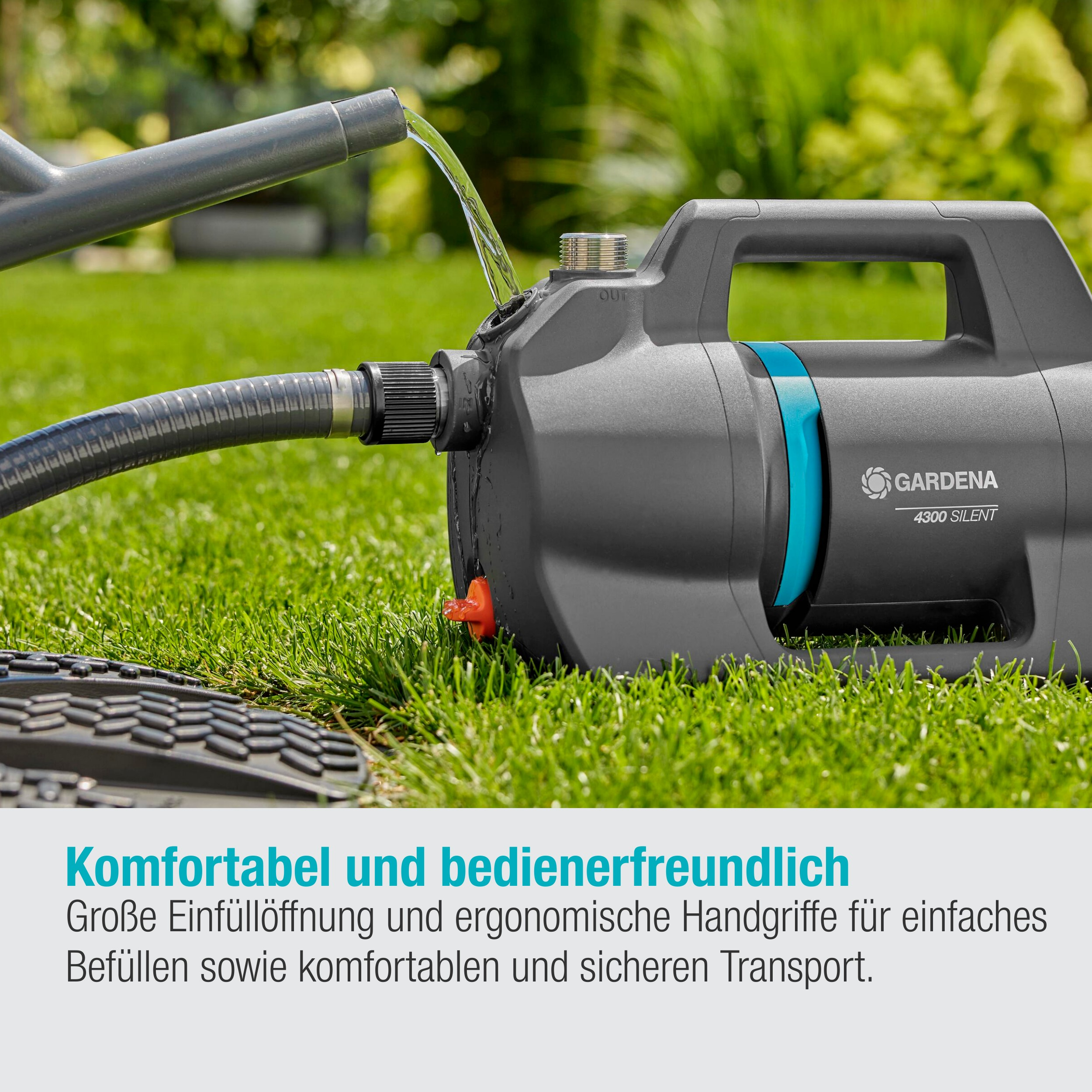 Pompa wodna, tekst: Wygodna i przyjazna dla użytkownika, duży otwór napełniania i ergonomiczne uchwyty.